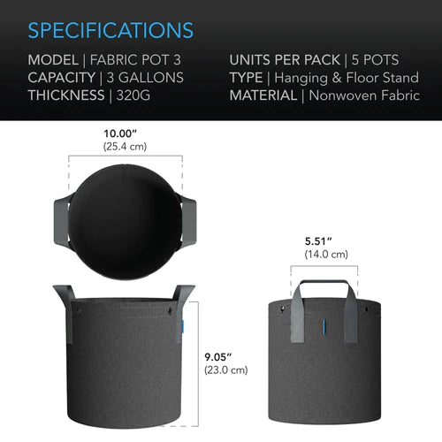 AC Infinity 3 Gallon Fabric Pots with Base - Breathable Aeration Containers for Indoor/Outdoor Plants - Perfect for Vegetables, Herbs, and Flowers Gardening