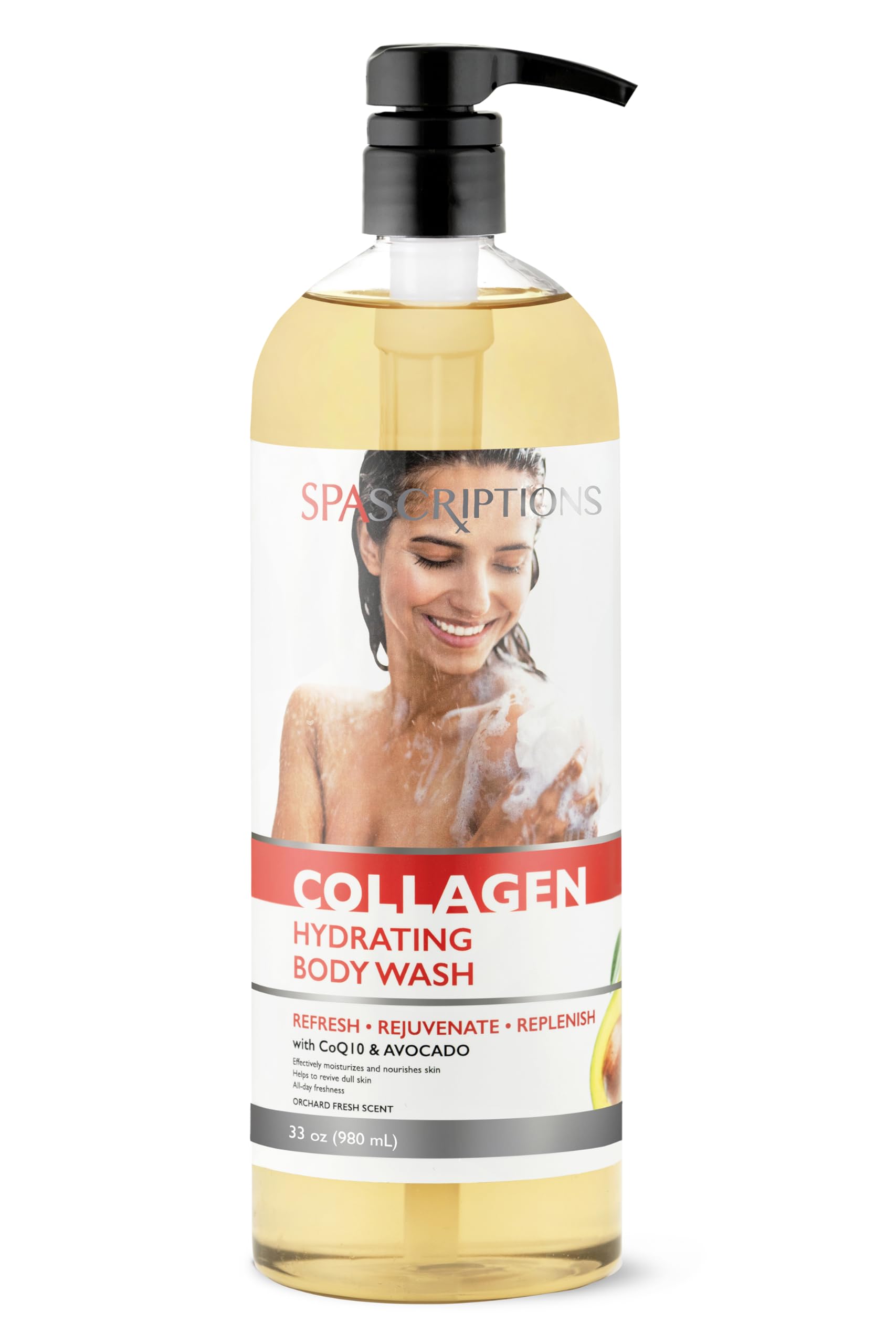 SpaScriptions Collagen Hydrating Body Wash with CoQ10 & Avocado Oil | Moisturizing & Refreshing Shower Gel for Dry Skin | 33 oz Large Size for Daily Spa-Like Bath Experience