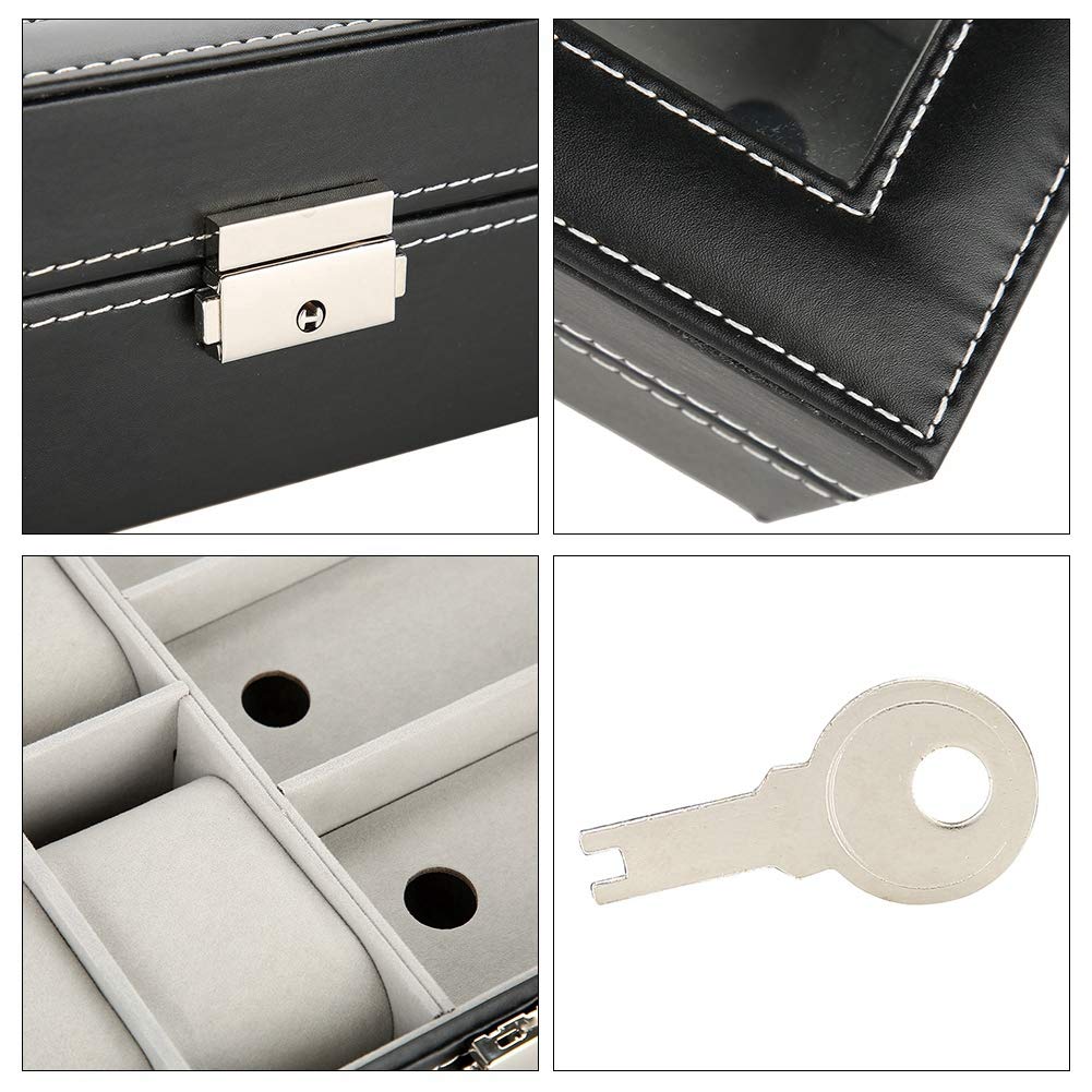 Premium PU Leather Glasses & Watch Organizer Box with Clear Lid - 3 Grids for Eyewear & 6 Slots for Watches - Jewelry Storage Display Case for Men & Women (12.99×7.87×3.14 Inch) - Perfect for Travel, Home & Office Organization