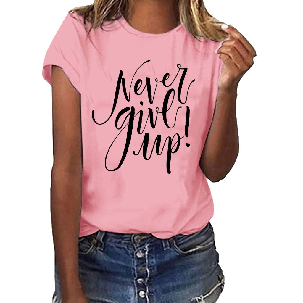 FABIURT Women's Graphic Tee - Short Sleeve Never Give Up T-Shirt, Casual Letter Print Blouse for Summer | Gym, Workout, Streetwear, Everyday Wear