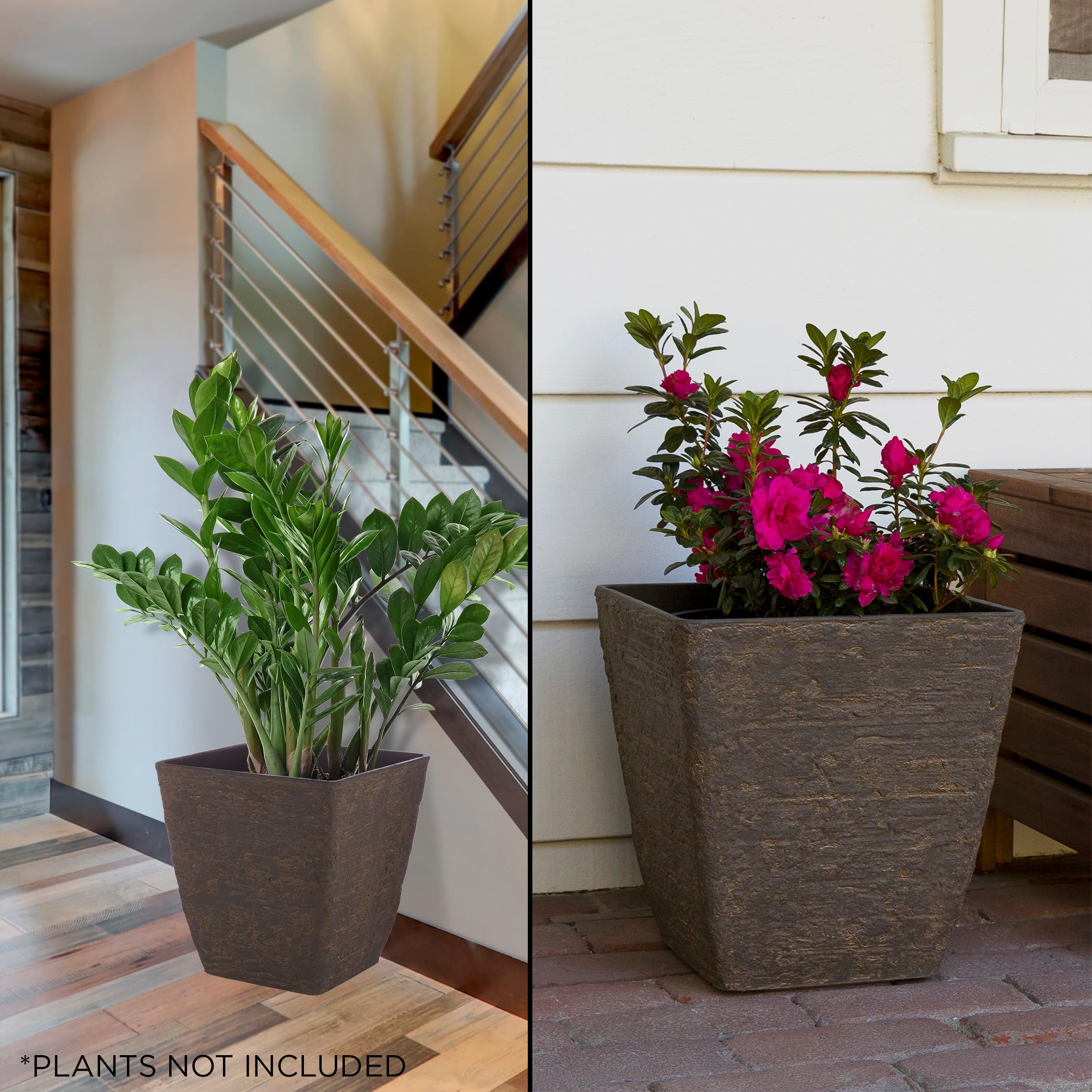 Alpine Corporation Indoor Outdoor Square Planter Set of 2 - Stone Look Brown Plant Pots for Home Garden Patio Decor - Perfect for Succulents, Herbs & Flowers