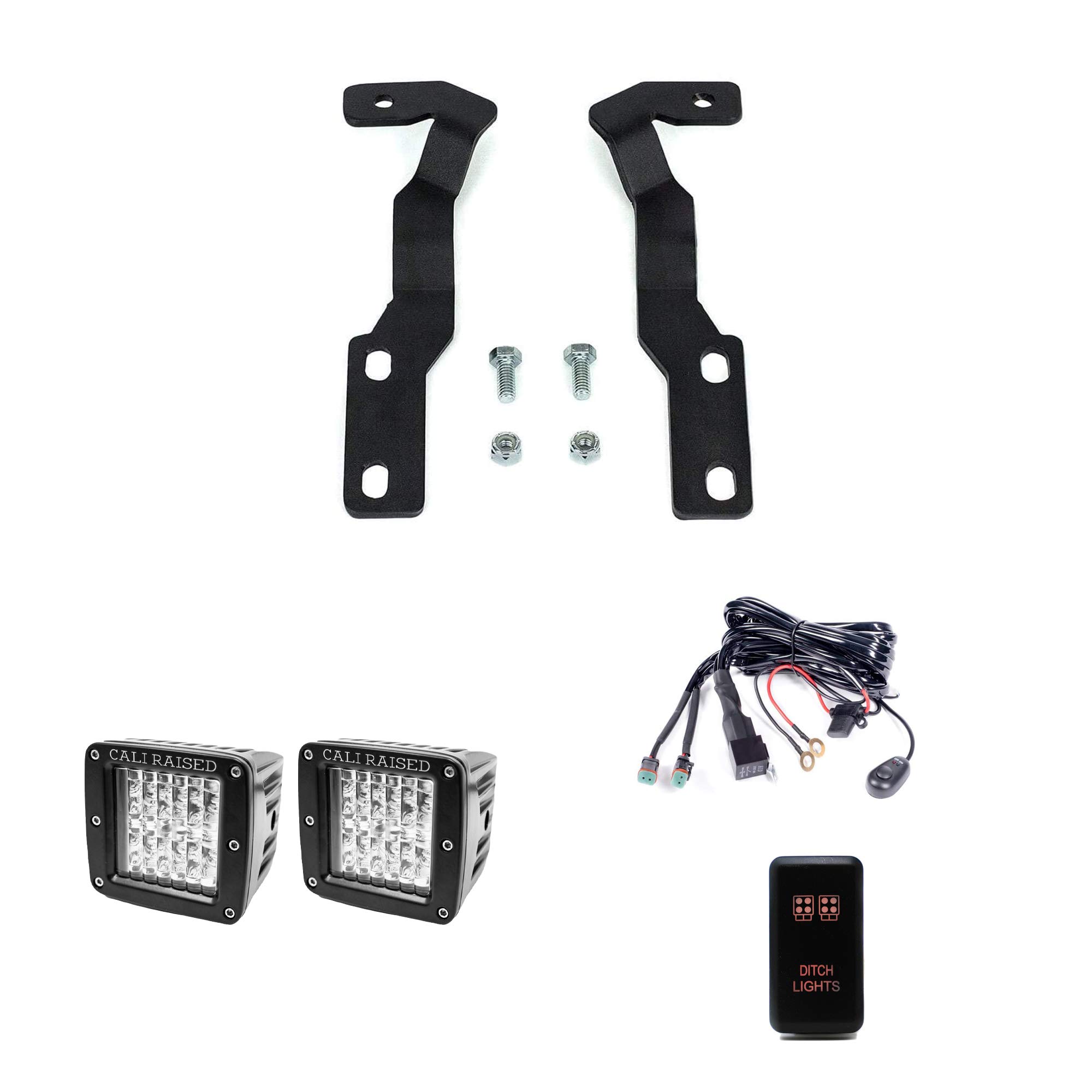 Cali Raised LED Low Profile Ditch Light Brackets Kit for 2016-2023 Toyota Tacoma - 3x2 18W Amber LED Pods with Dual Wiring Harness & Tall Switch (Amber Backlight) - Off-Road Lighting for Night Driving, Camping & Adventure