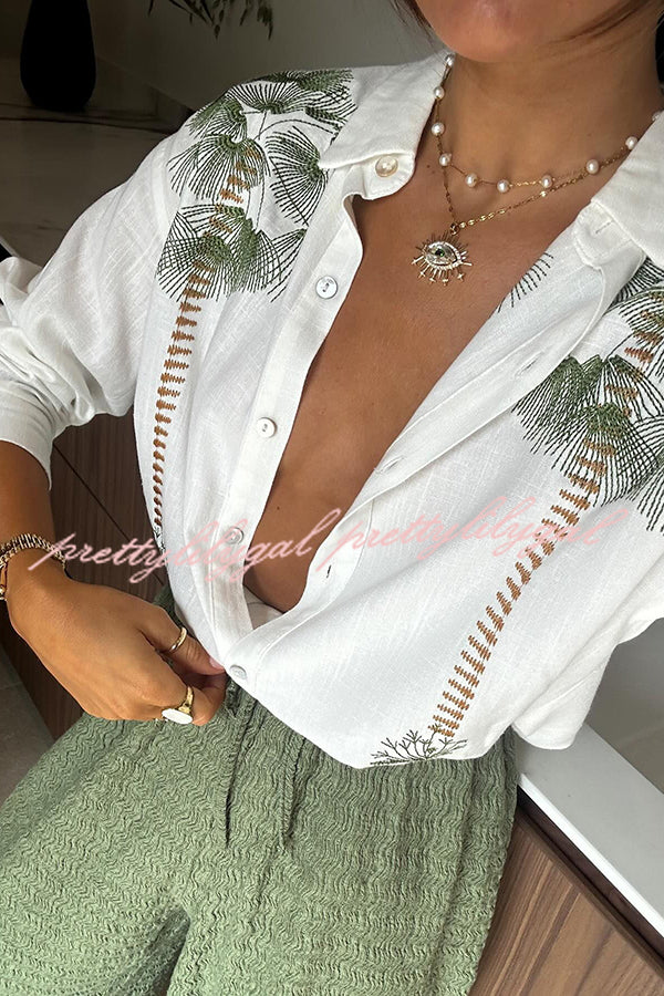 Stylish Tropical Print Linen Blend Blouse & Elastic Waist Pants Set with Pockets - Perfect for Beach Vacations, Summer Outings and Boho Fashion