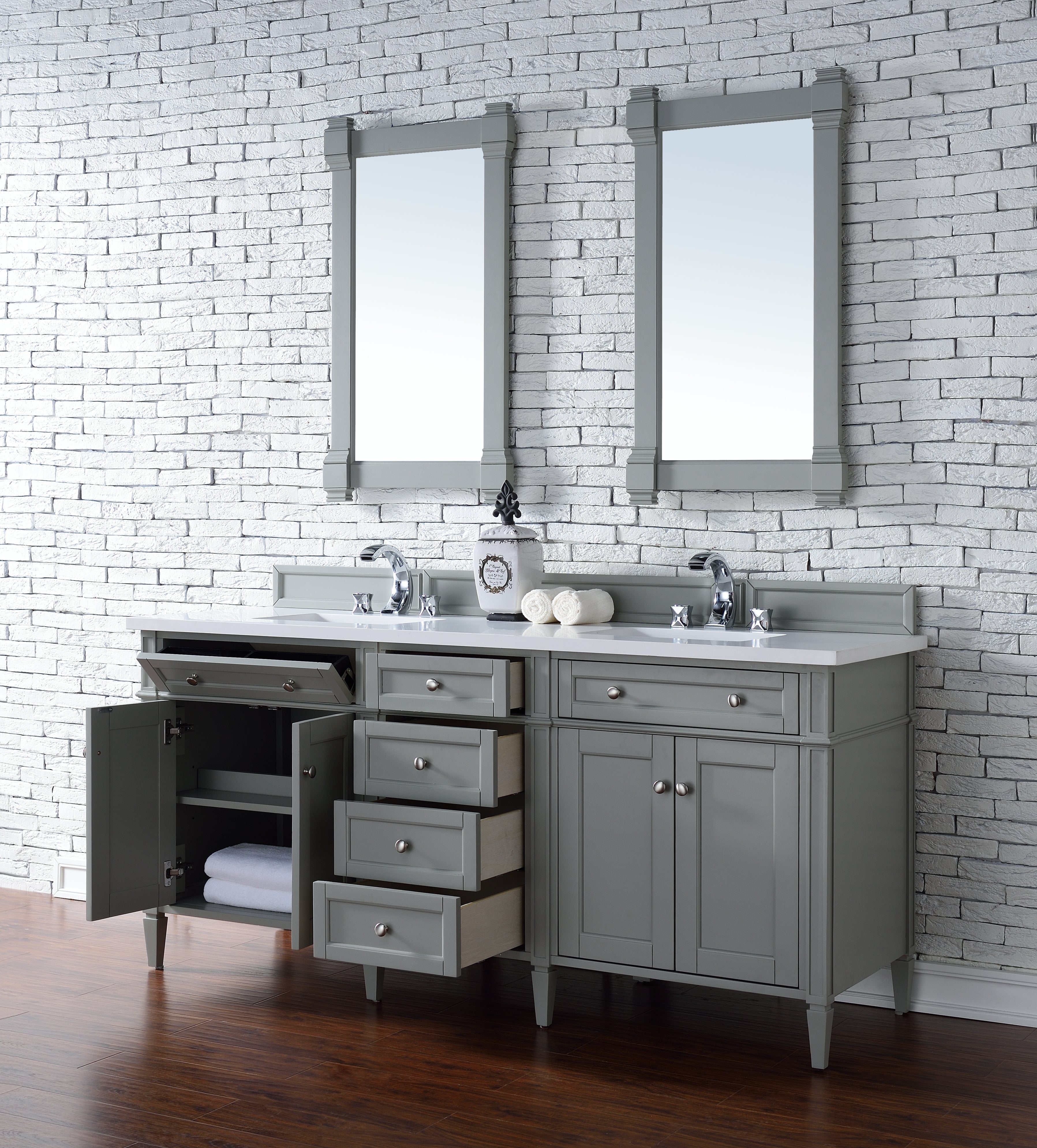 Brittany 72-Inch Urban Gray Double Bathroom Vanity with 3CM White Zeus Quartz Countertop - Perfect for Modern Master Bathrooms and Spacious Guest Suites