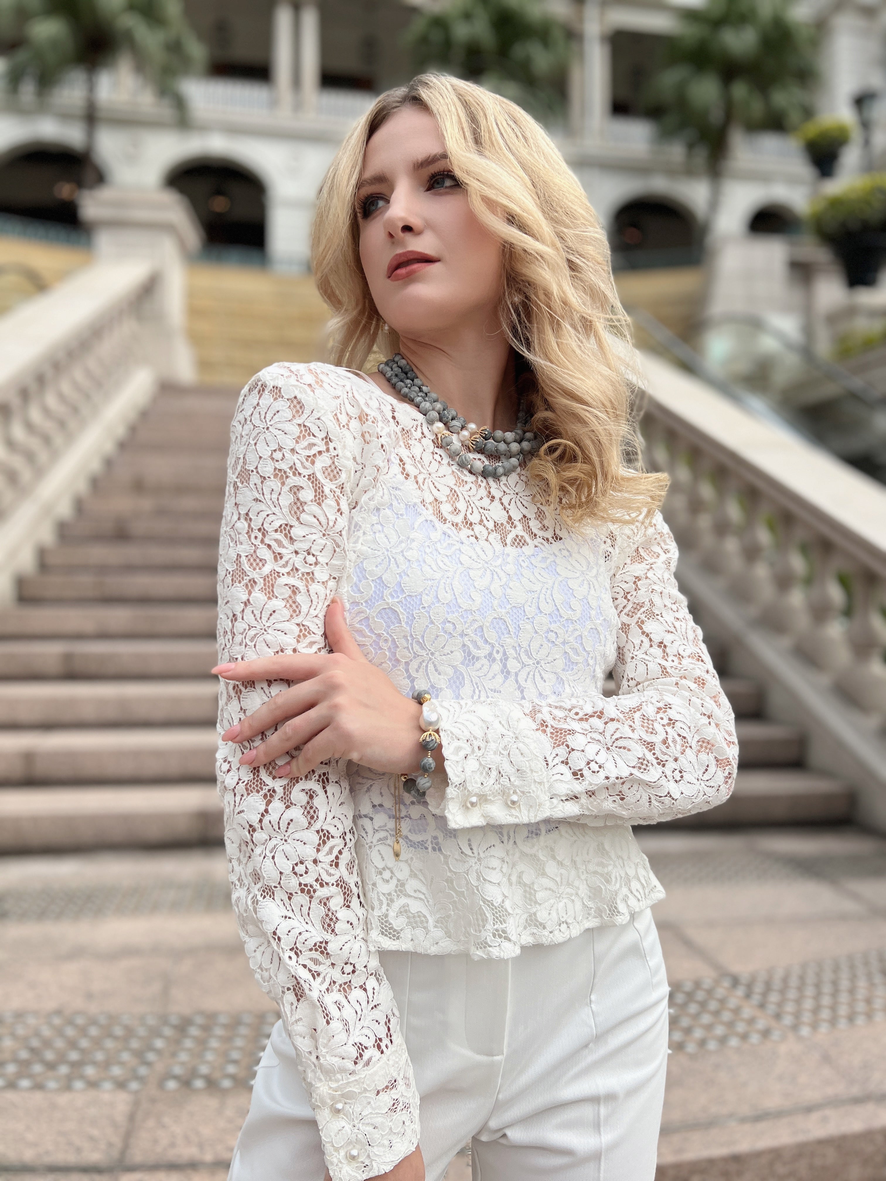 Picasso Jasper and White Pearl Multi-Layer Necklace HN023 – Elegant Layered Jewelry for Women, Perfect for Parties, Weddings & Everyday Wear
