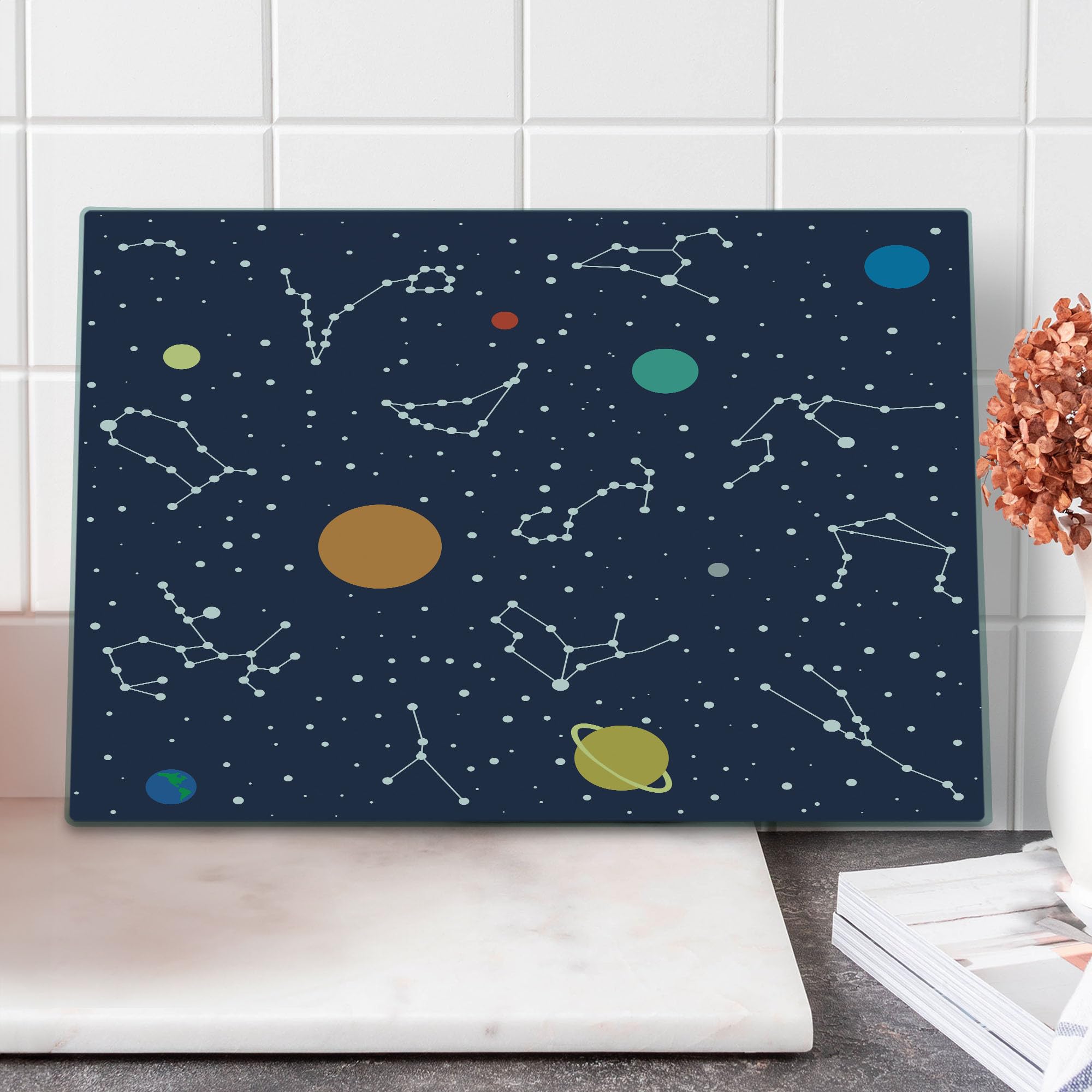 Ambesonne Constellation Tempered Glass Cutting Board - Zodiac & Planets Galaxy Design, Large Multicolor Decorative Serving Board for Kitchen, Dining & Gifts | Perfect for Cheese Platters, Charcuterie & Home Decor