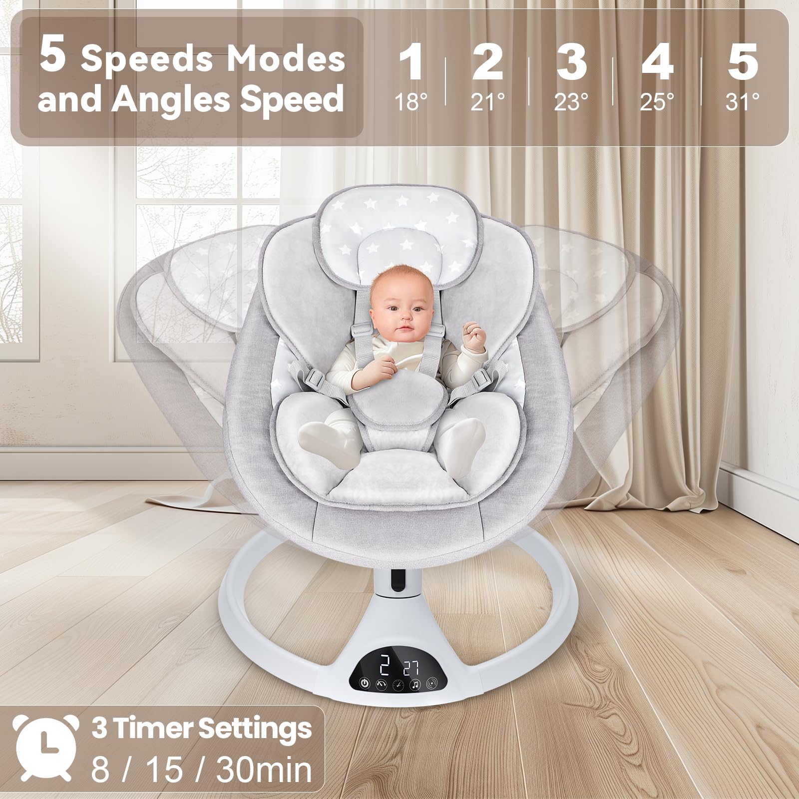 Omzer Electric Baby Swing for Infants - Bluetooth Enabled Remote Control with Music Speaker, Timer & 5 Speed Settings | Soothing Rocking Motion for Newborns to Toddlers | Perfect for Nursery, Daycare & Travel Use