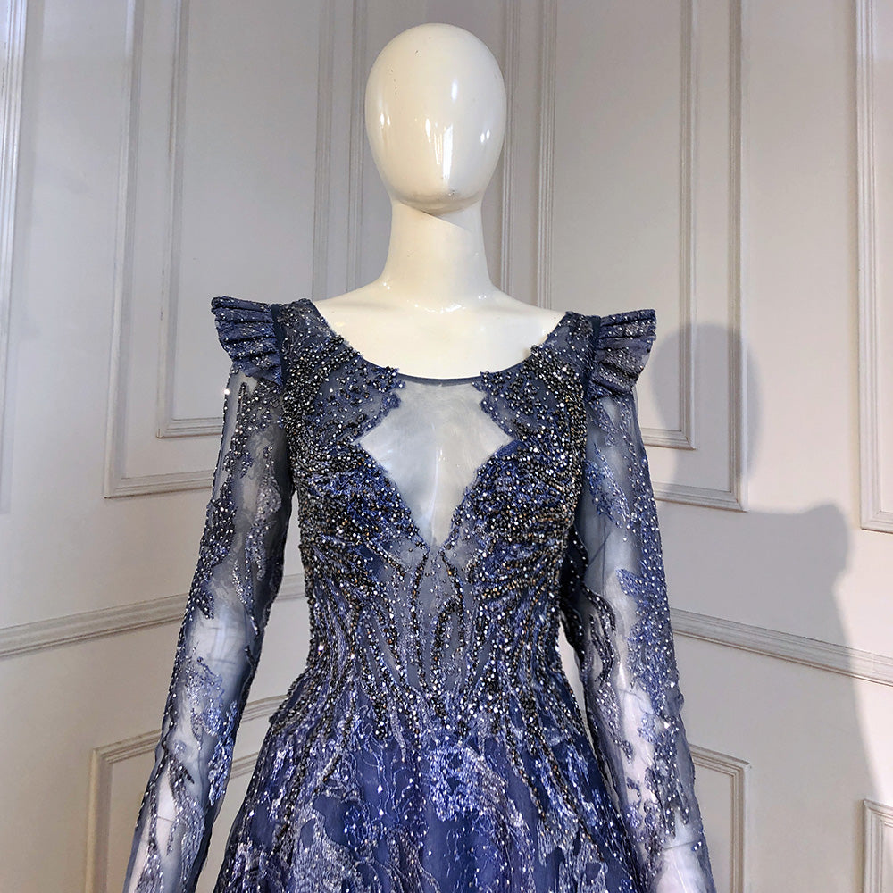 Serene Hill Muslim Blue A-Line Evening Dresses 2025 with Lace & Beads - Luxury Women's Party Gown LA71552 for Weddings, Galas & Special Occasions