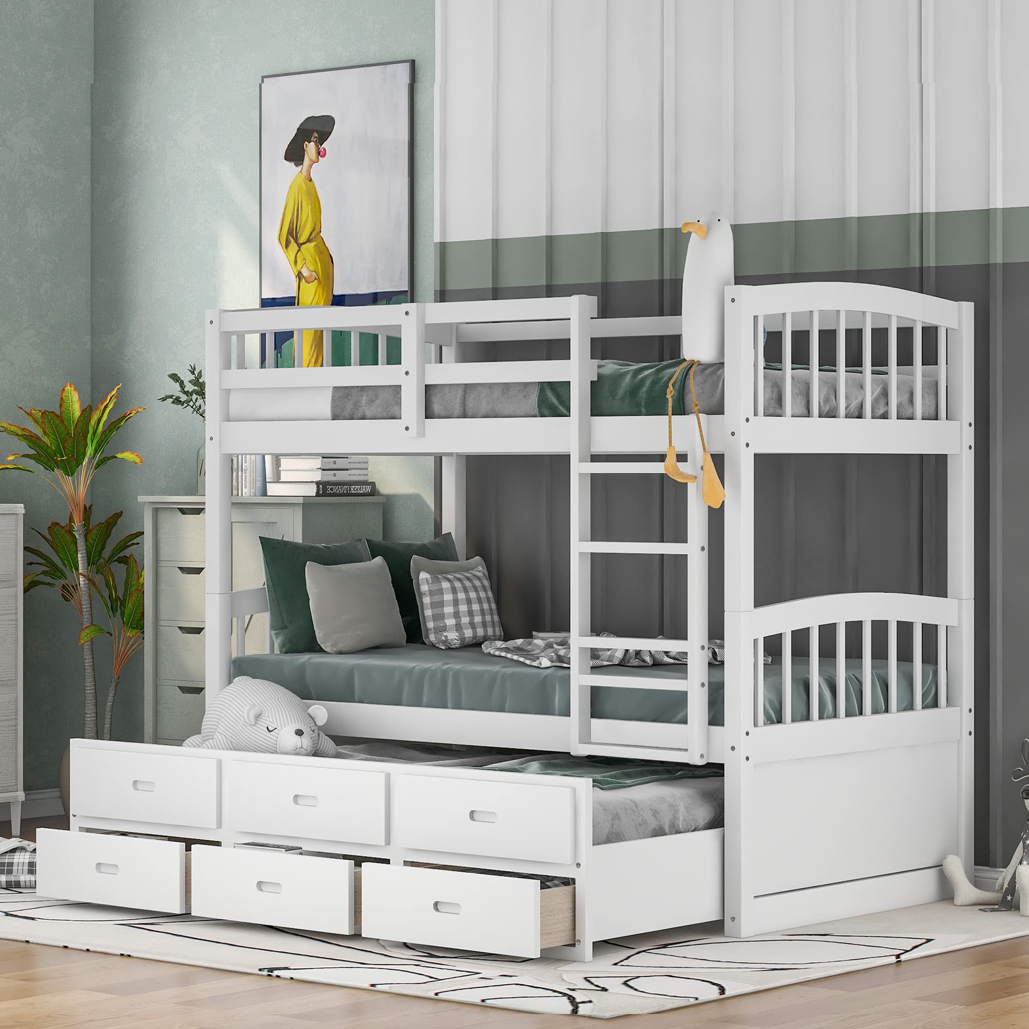 P PURLOVE Twin Over Twin Bunk Bed with Trundle & Storage Drawers - Solid Wood Bunk Beds Convertible to 2 Twin Daybeds | Space-Saving Kids Bedroom Furniture for Small Rooms, Guest Rooms & Vacation Homes