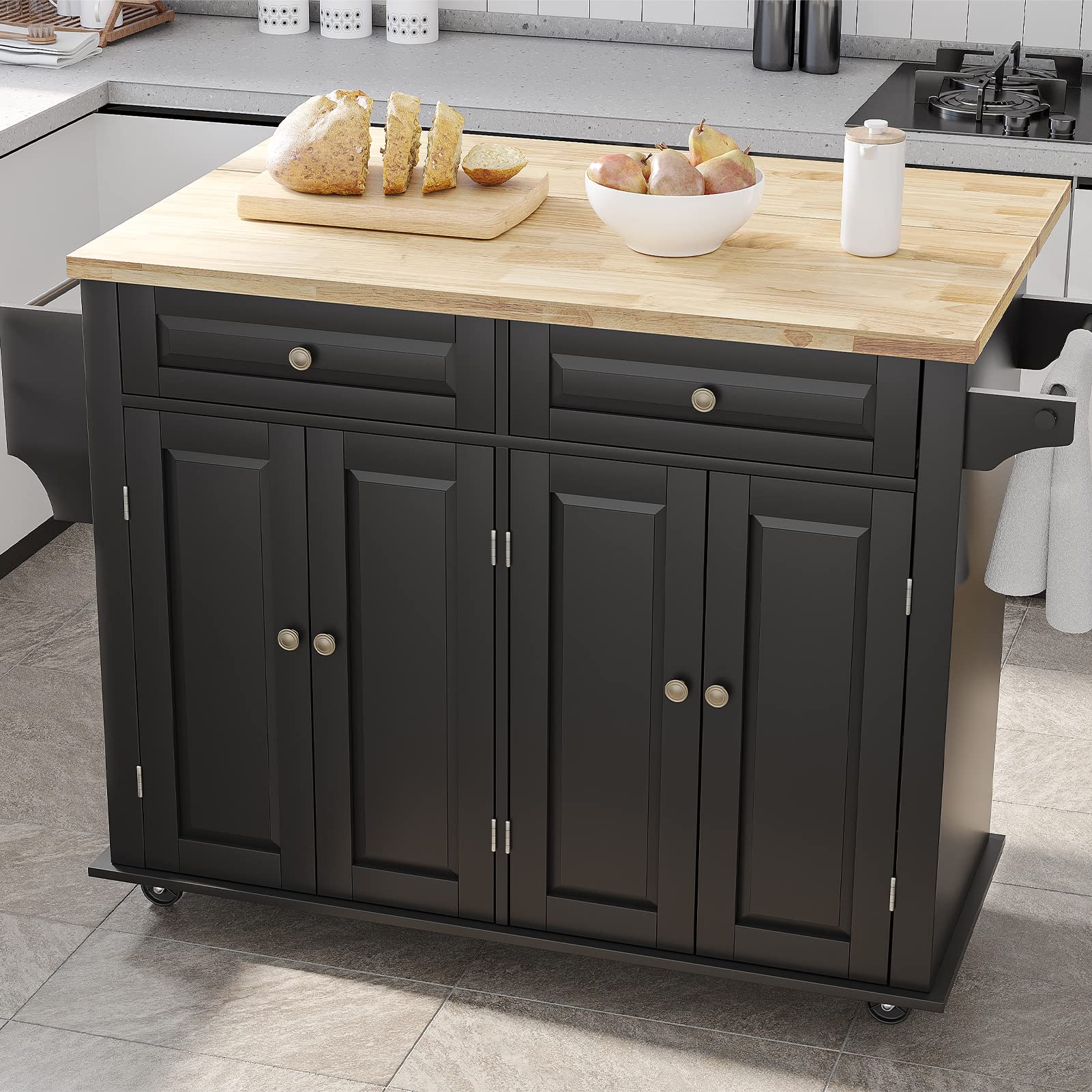 Rolling Kitchen Island with Drop Leaf - Mobile Kitchen Cart on Wheels with Storage Cabinet, Rubber Wood Top, Rack & Drawer - Matte Black for Small Spaces, Apartments & Home Cooking