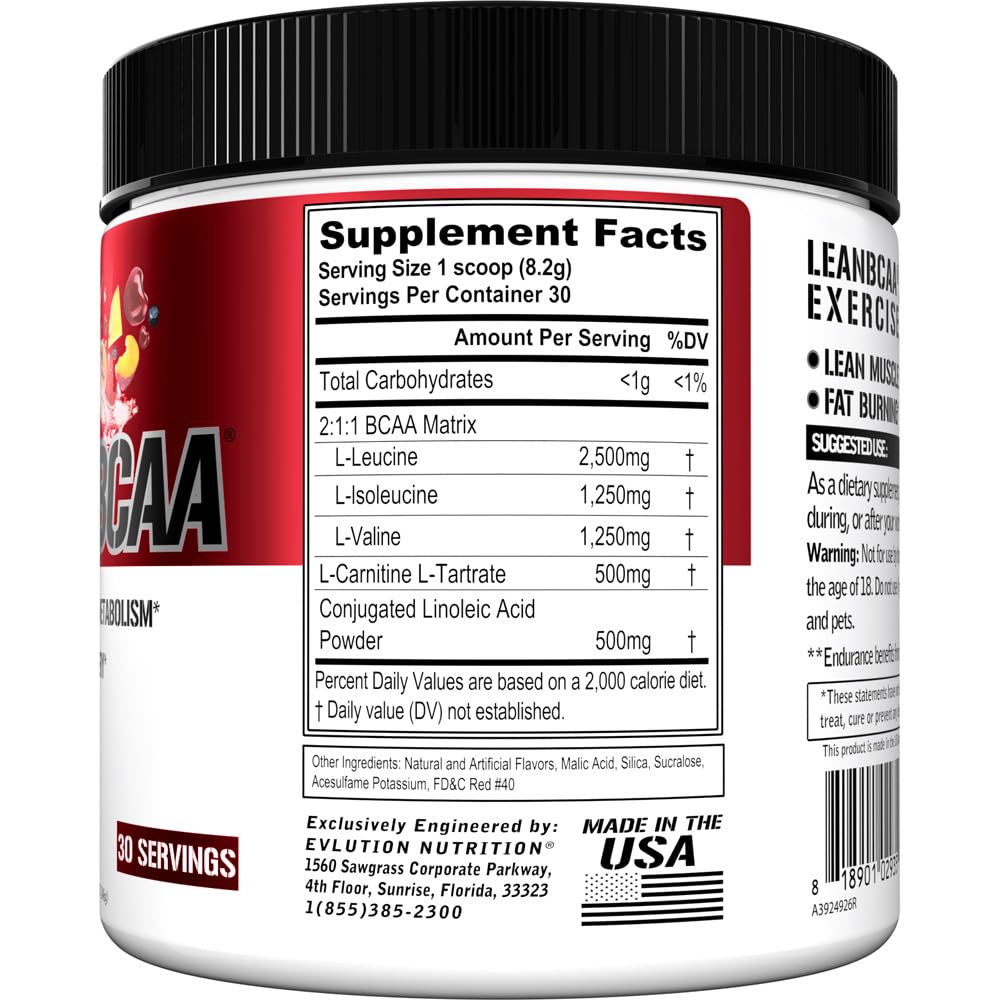 Evlution Stimulant-Free Lean BCAA Powder with CLA & Carnitine - 2:1:1 Branched Chain Amino Acids for Muscle Recovery, Fat Burn & Metabolism - Fruit Punch Flavor - Ideal for Post-Workout Recovery & Weight Management