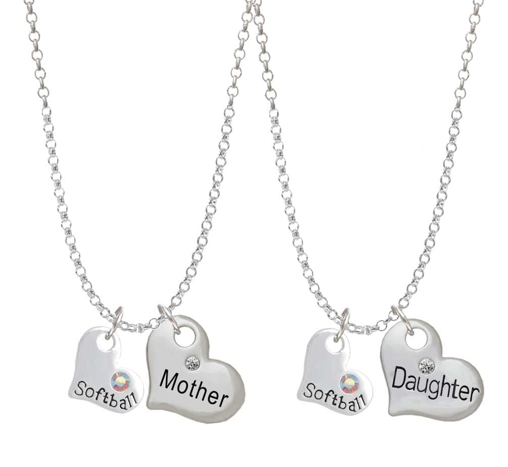 Softball & AB Crystal Mother Daughter Heart Necklace Set (2 Pcs, 19