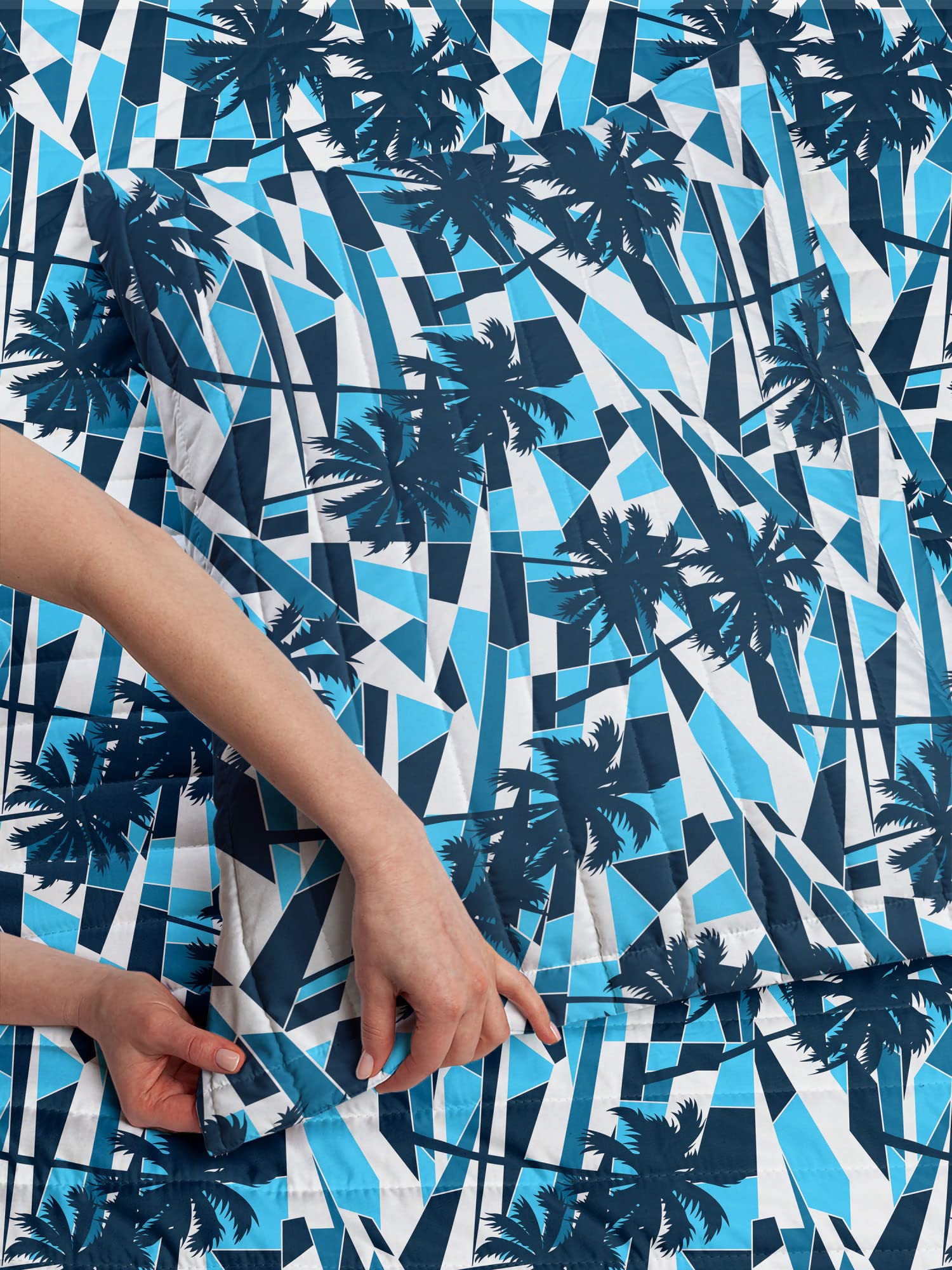 Ambesonne Blue Geometric Palm Tree Microfiber Bedspread Set - Twin Size Soft Comforter with Pillow Sham | Tropical Beach Theme Bedding for Guest Room & Vacation Homes (Dark Blue/White)