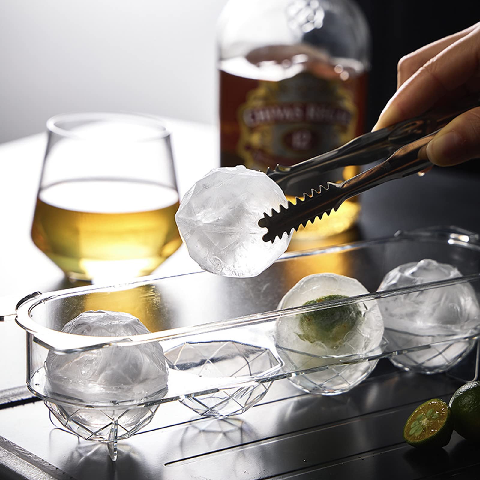 2 Pcs Round Ice Cube Molds with Tongs & Lids - Diamond Ball Ice Cube Freezer Tray for Cocktail & Whiskey - Perfect for Home Bars, Parties, and Chilled Beverages