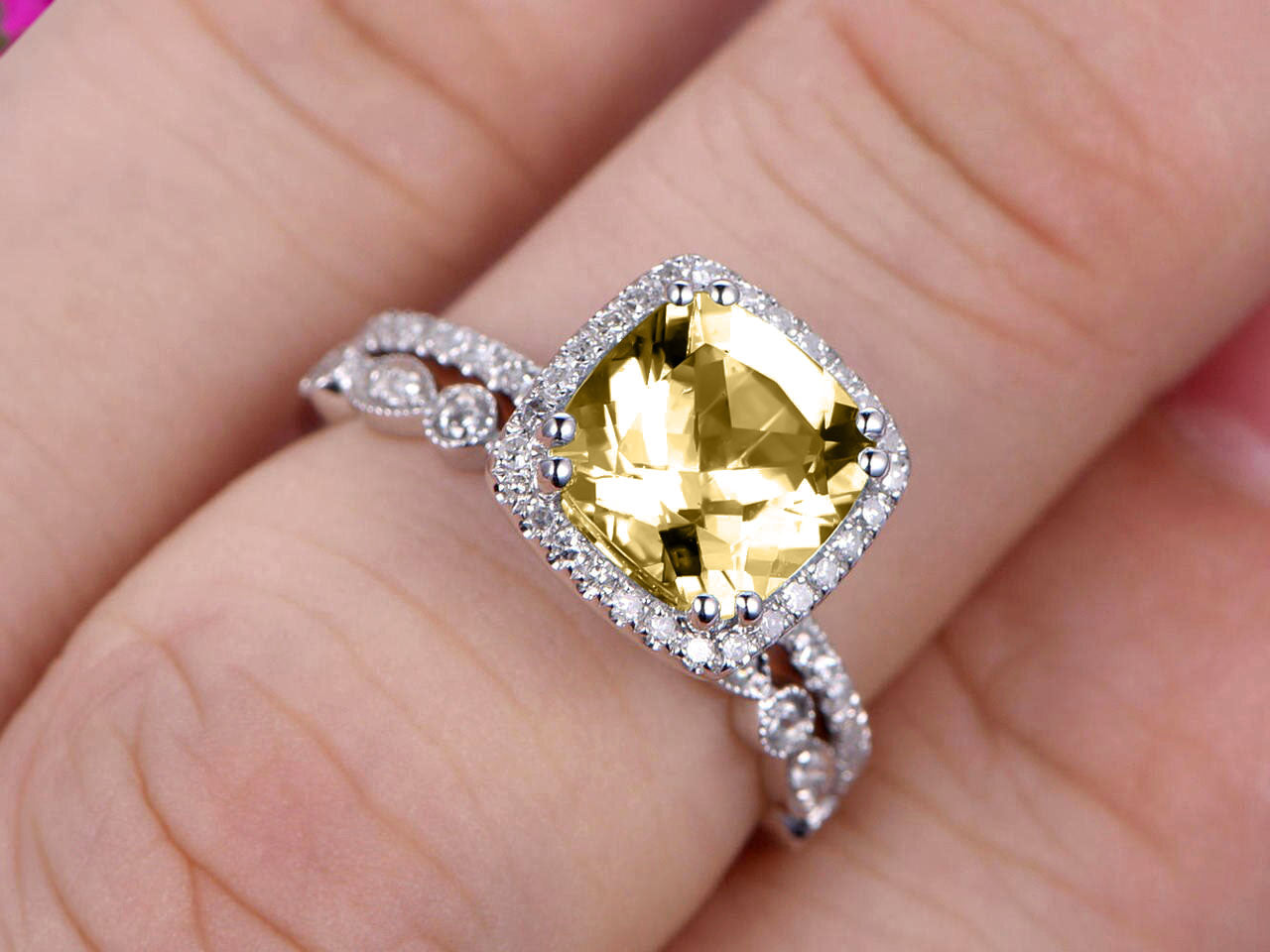 1.75 Carat Cushion Cut Vintage Champagne Moissanite Engagement Ring with Wedding Band Set in 10k White Gold - Perfect for Bridal Jewelry, Anniversary Gifts & Special Occasions