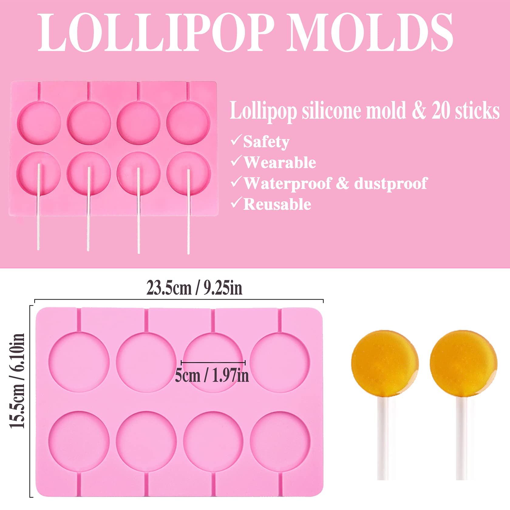 Nonstick Silicone Lollipop Molds Set - 8 Round Candy Molds with 20 Sticks for DIY Hard Candies, Jellies & Chocolates - Perfect for Birthday Parties, Baby Showers & Holiday Treats