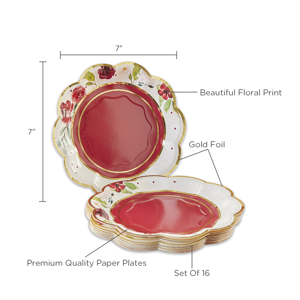 Premium Burgundy Blush Floral 7 Inch Disposable Paper Plates - Set of 16 Elegant Party Dinner Plates for Weddings, Baby Showers & Special Occasions