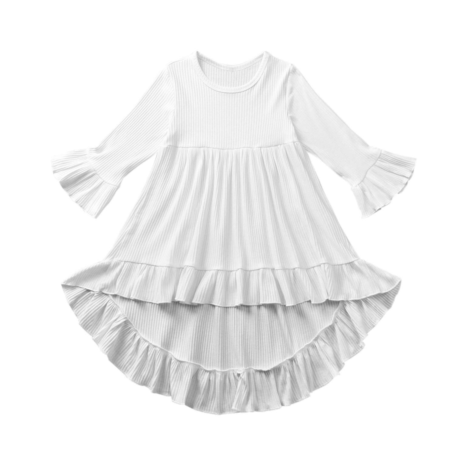 Toddler Baby Girl Flare Long Sleeve Ribbed Hi-Low Dress - Princess Party Winter Spring Sundress for Special Occasions & Photo Shoots