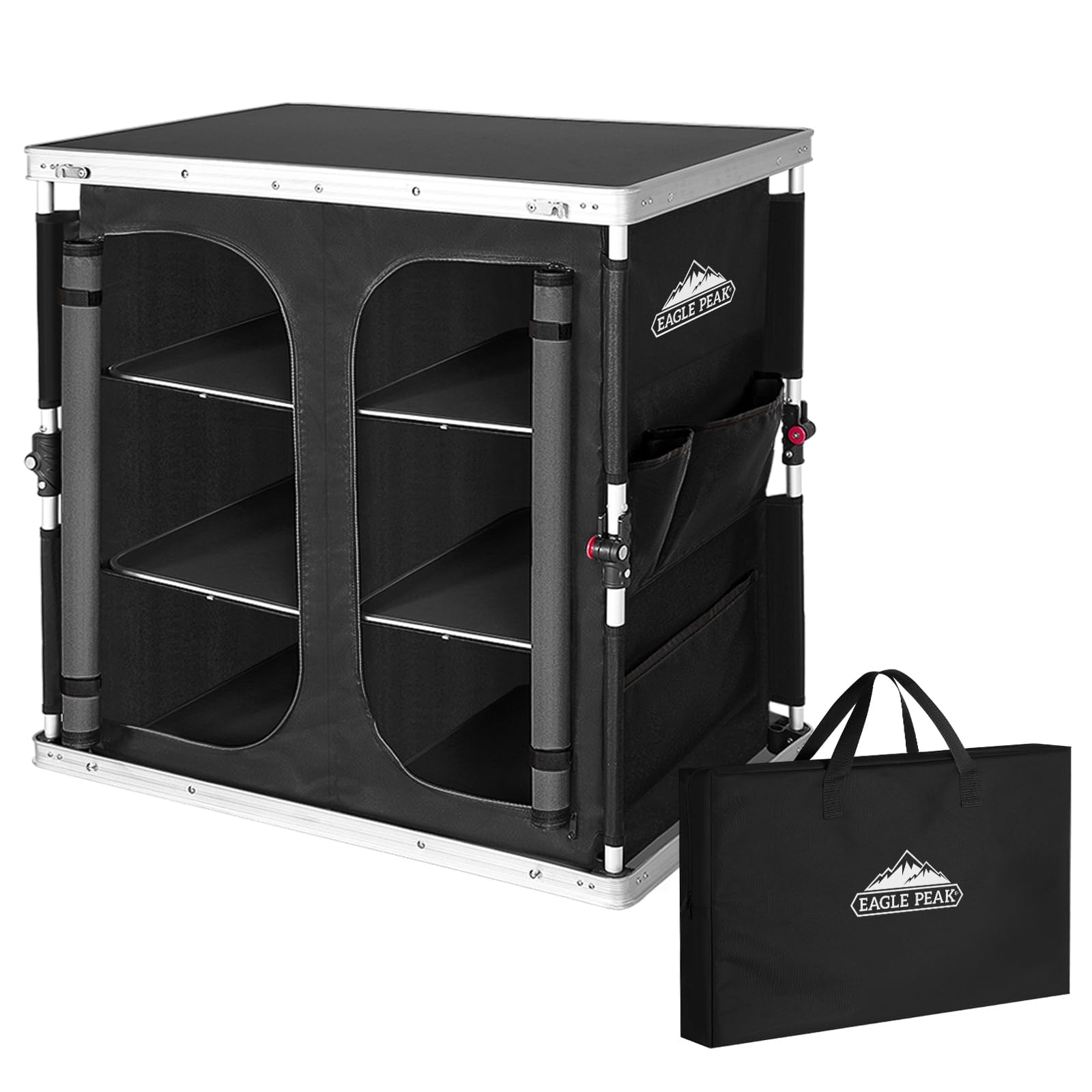 EAGLE PEAK Double Outdoor Folding Camping Table with 3-Tier Storage & Side Pockets - Portable Aluminum Camp Kitchen for Picnics, BBQs, Tailgating & RV Trips - Easy Setup Compact Design (Black)