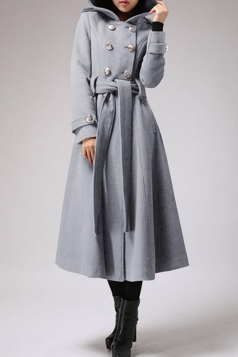 Women's Long Double-Breasted Hooded Wool Trench Coat with Belt - Winter Warm Overcoat for Ladies, Perfect for Office, Dating & Cold Weather Fashion