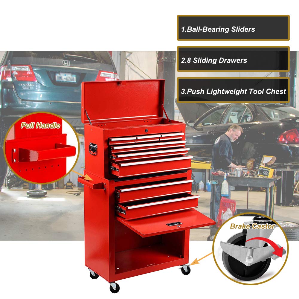 Heavy Duty Large Capacity Rolling Tool Chest with 8 Sliding Drawers - Removable & Lockable Tool Storage Cabinet Organizer for Garage, Workshop & DIY Projects - Red Toolbox for Professional Mechanics & Home Improvement