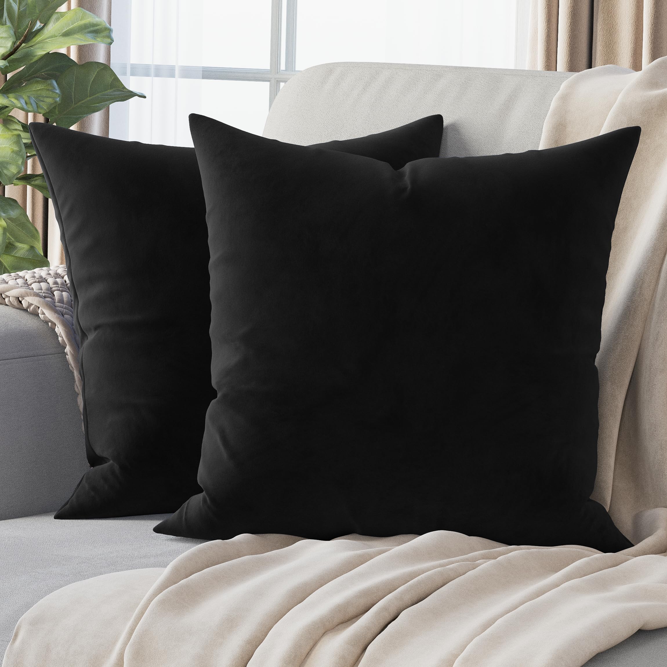 Premium Velvet Pillow Covers 18x18 Black - Soft Washable Decorative Throw Pillow Cases for Sofa, Couch, Bed & Home Decor - Set of 2 - Perfect for Living Room, Bedroom & Cozy Spaces