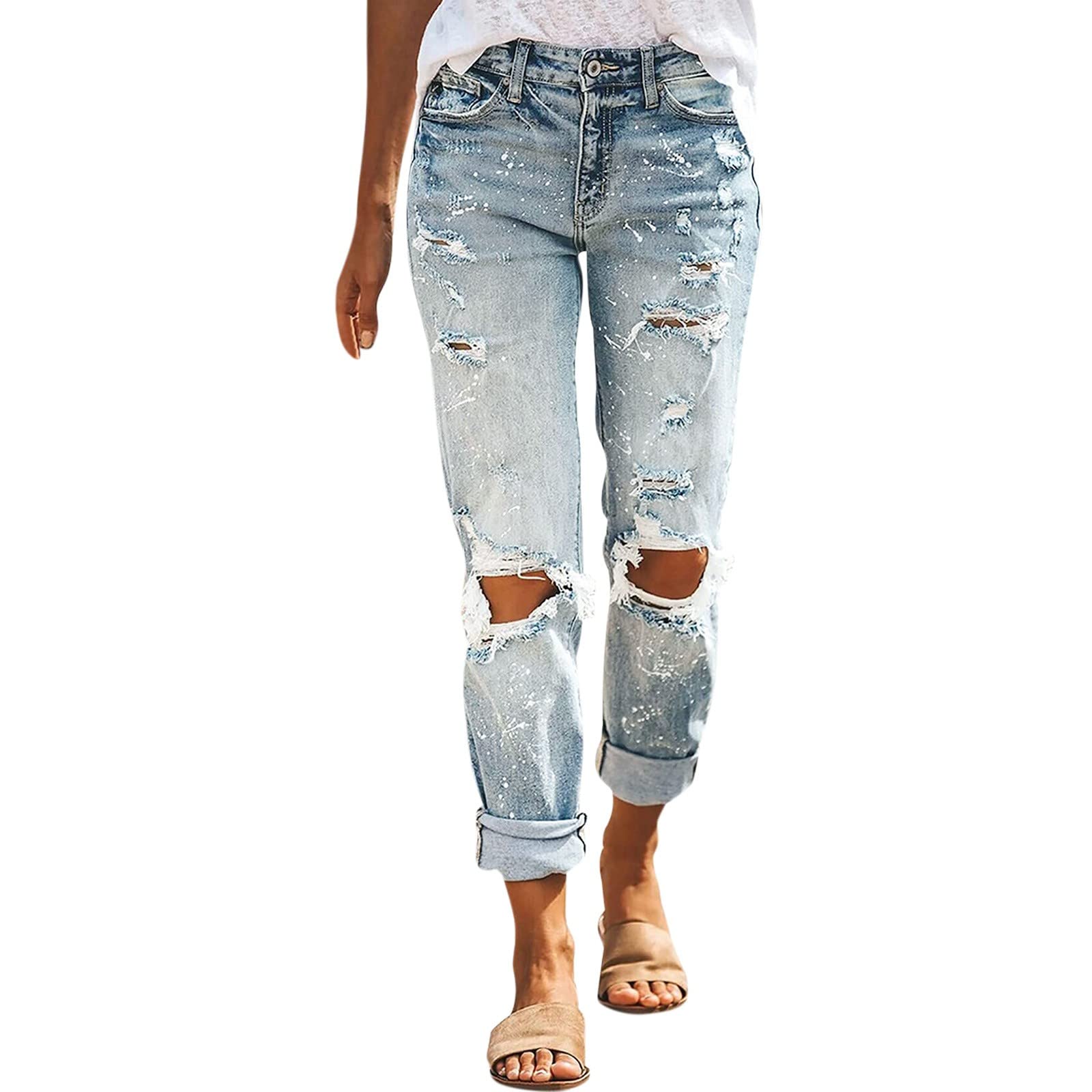 Women's Ripped Mid Waist Boyfriend Jeans - Stretch Destroyed Denim Pants with Butt Lift Effect | Distressed Skinny Jeans for Casual Wear & Street Style