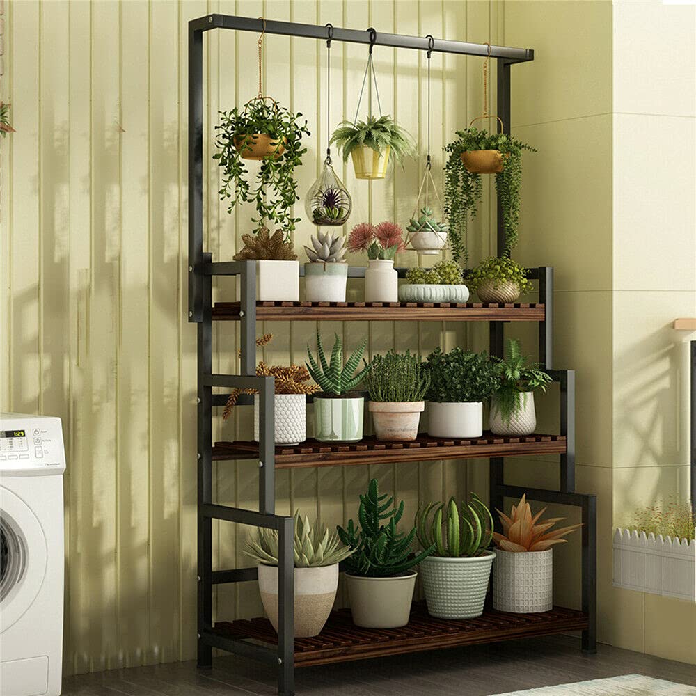3-Tier Hanging Plant Stand with Metal Frame - Indoor/Outdoor Wooden Plant Shelf for Garden, Balcony & Patio - Perfect for Displaying Flower Pots, Succulents & Herbs
