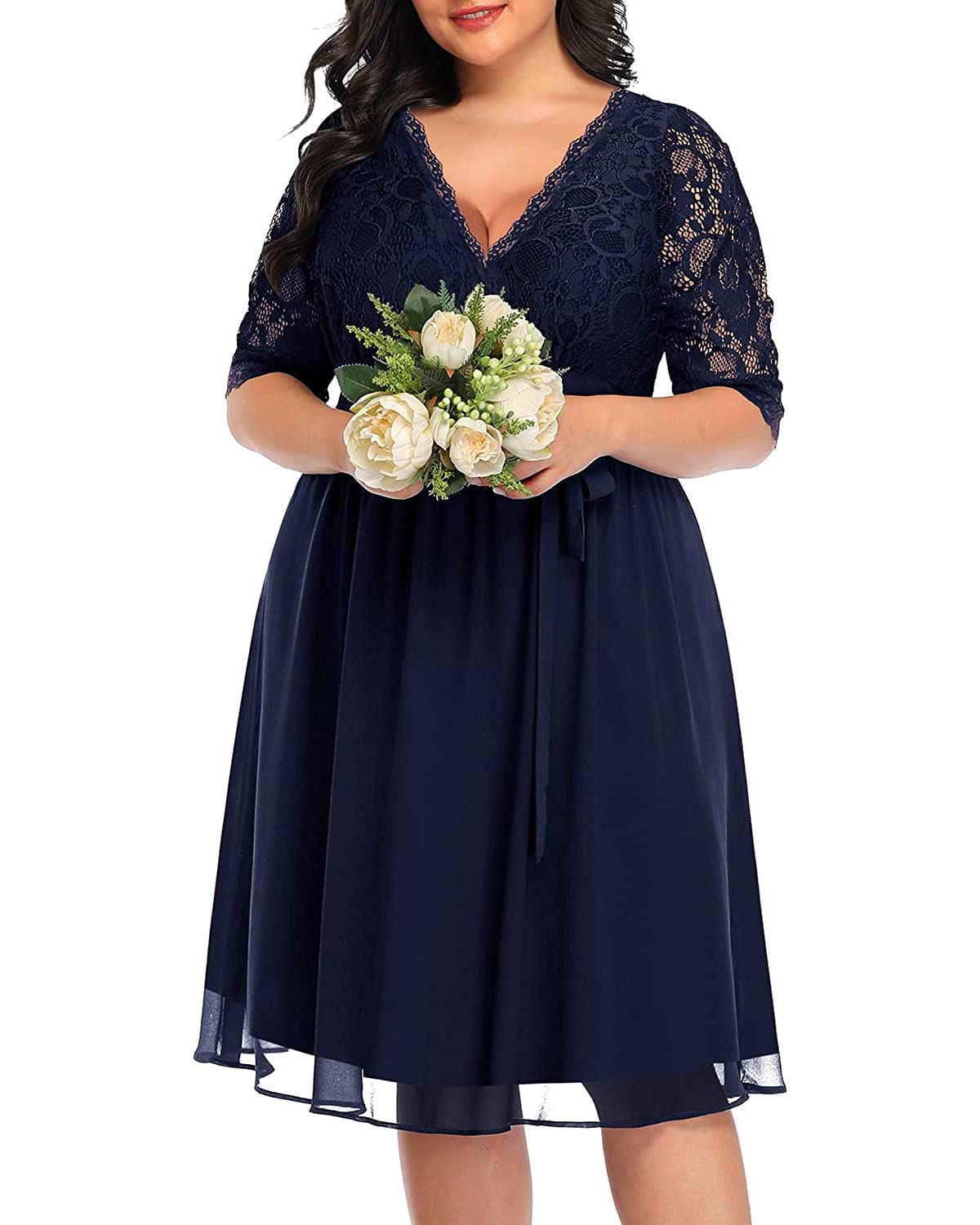 Plus Size Lace Chiffon Wrap V-Neck Midi Dress for Women - Elegant Cocktail & Wedding Guest Dress - Perfect for Parties, Date Nights & Special Occasions
