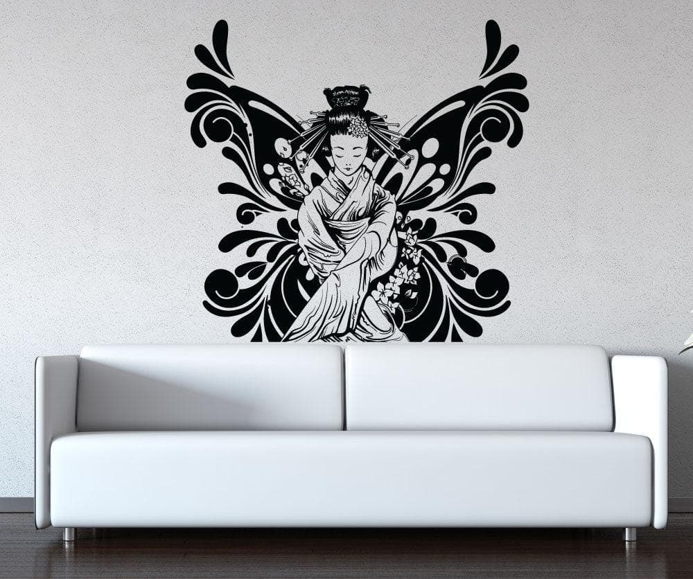 Beautiful Butterfly Geisha Vinyl Wall Decal Sticker #1369 - Perfect for Home Decor, Bedroom, Nursery & Office Wall Art