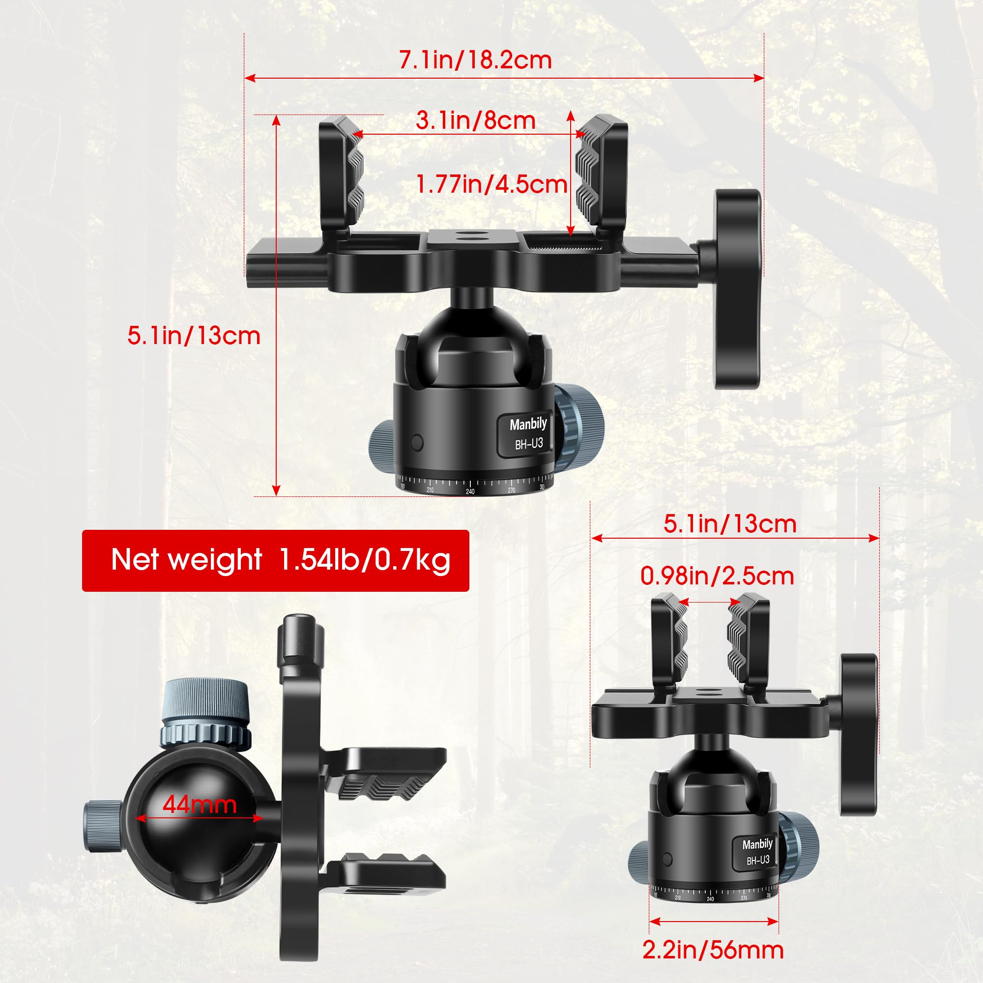 Manbily Heavy Duty 360° Shooting Saddle with Low Profile 44mm Ball Head - CNC Aluminum Tripod Head for Hunting & Shooting Sticks - 44lbs Load Capacity - Perfect for Outdoor Hunting, Wildlife Photography & Rifle Support (Black)