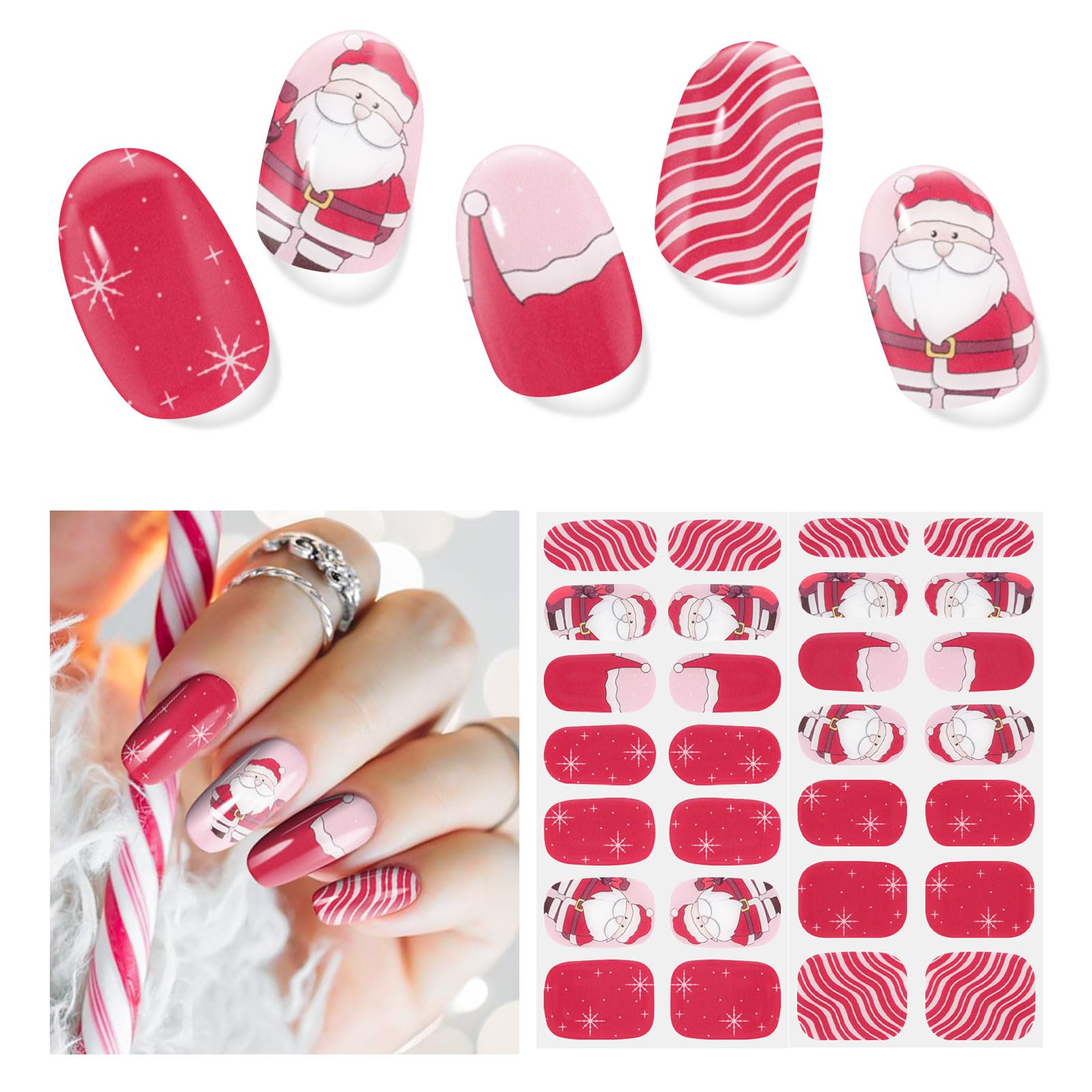 28pcs Christmas Semi Cured Gel Nail Strips - Santa Red Nail Wraps with UV Light for Long Lasting Wear | Easy DIY Nail Art for Holiday Parties & Gift Giving