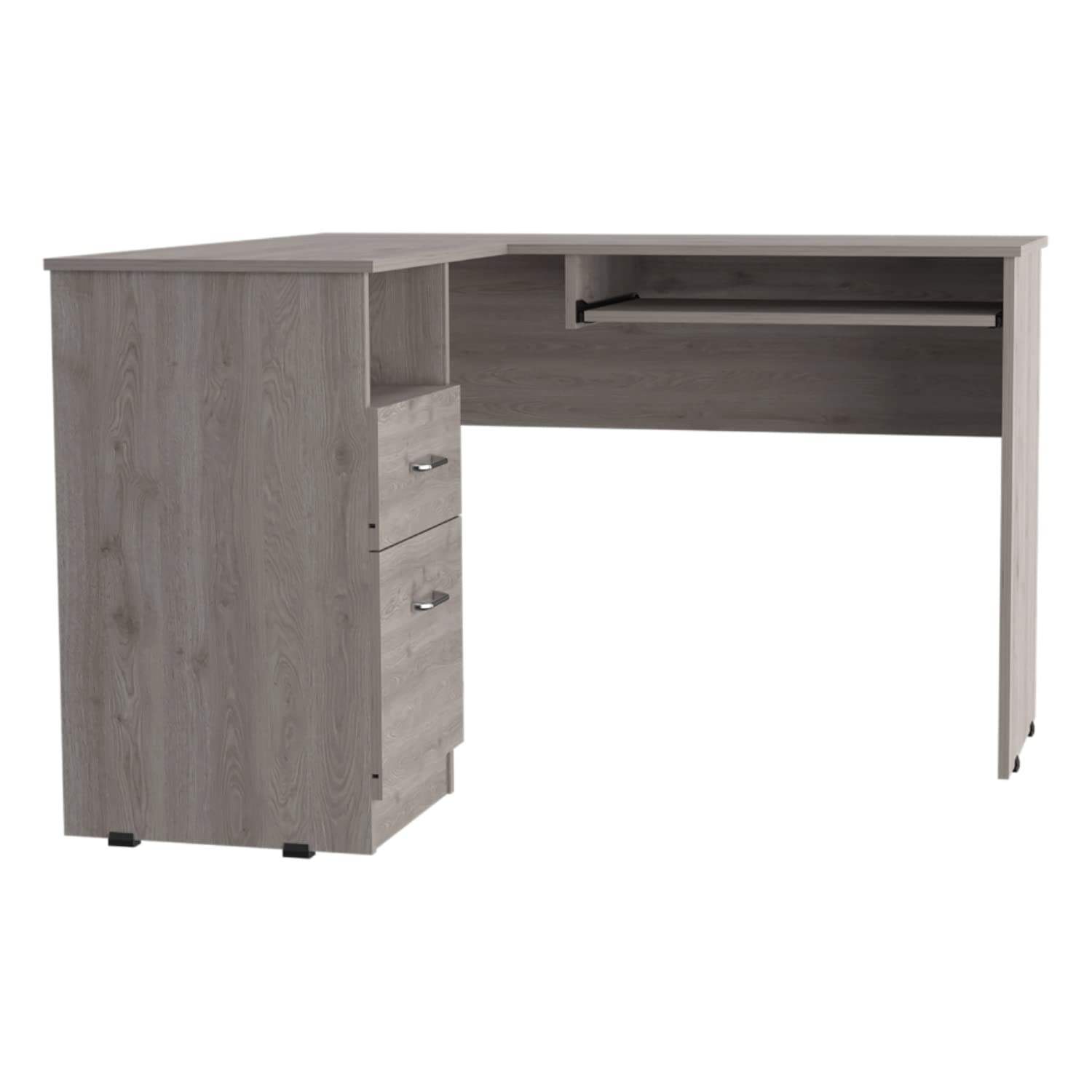 Idra L-Shaped Desk with Keyboard Tray, 2 Drawers & Open Shelf - Light Gray Home Office Desk for Small Spaces, Gaming & Workstation Setup