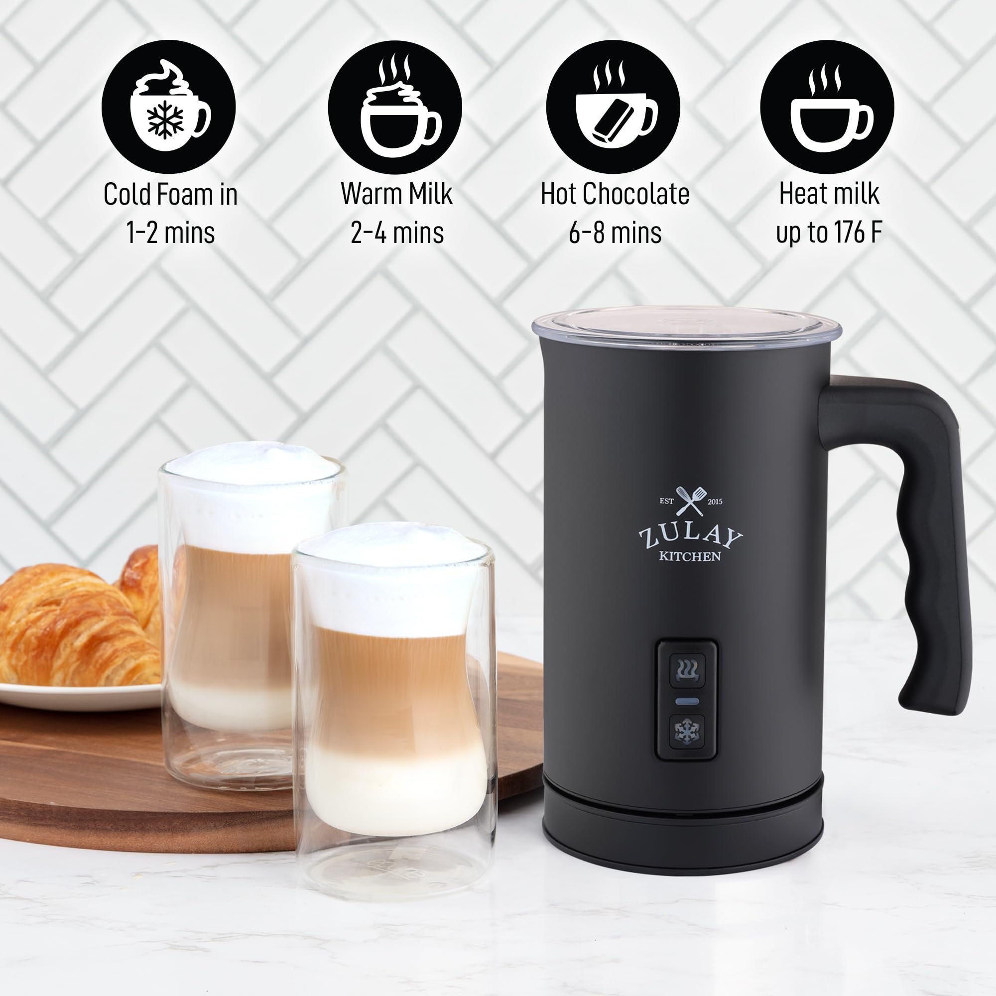 Zulay 4-in-1 Automatic Milk Frother and Steamer - Hot & Cold Foam Maker with Auto Shut Off & Temperature Control for Coffee, Latte, Cappuccino, Hot Chocolate - Perfect for Home Baristas and Coffee Lovers (Black)
