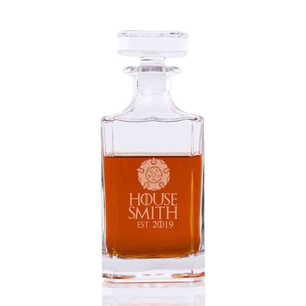Personalized House Tyrell Whiskey Decanter - Game of Thrones Inspired Glass Liquor Bottle with Stopper - Perfect for GOT Fans, Whiskey Lovers & Unique Gifts for Weddings, Birthdays & Anniversaries