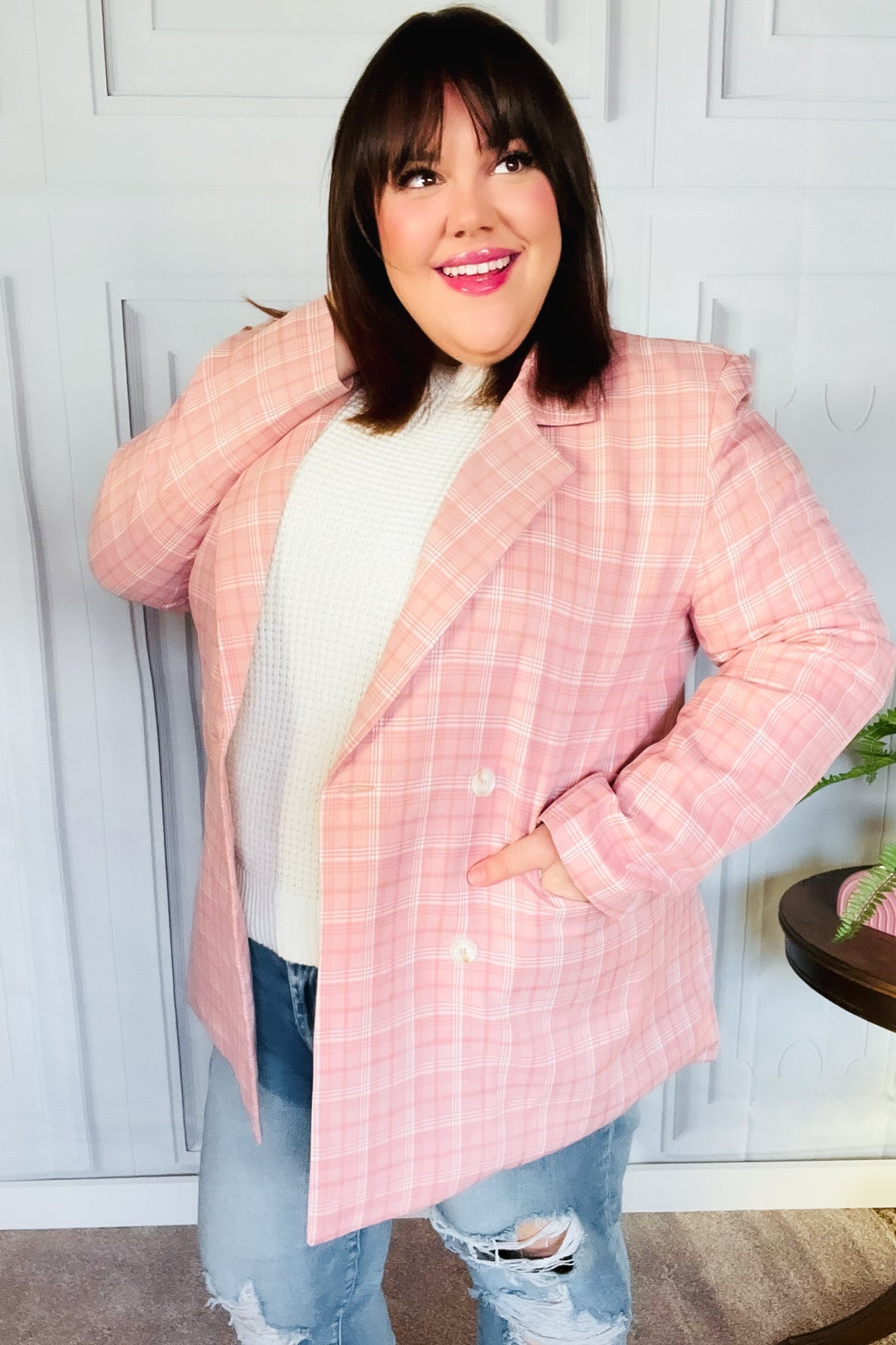 Stylish Pink Plaid Double Breasted Blazer with Lapel Collar - Perfect for Office Wear, Business Meetings & Formal Events