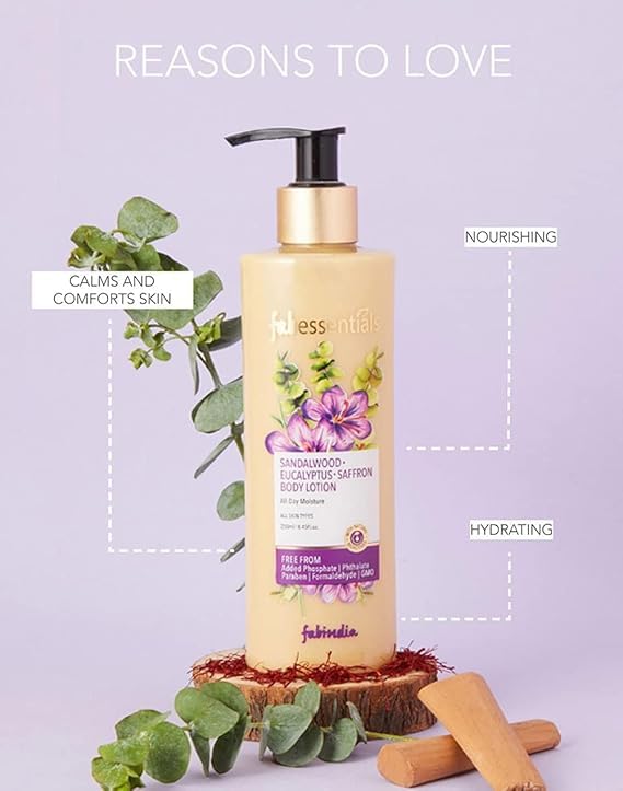 Organic Sandalwood Eucalyptus Saffron Body Lotion with Cocoa Seed Butter - 250ml | Paraben-Free, Non-Sticky Moisturizer for Dry Skin | Unisex Hydrating Body Cream for Women & Men | Perfect for Daily Use, After Shower & Massage Therapy