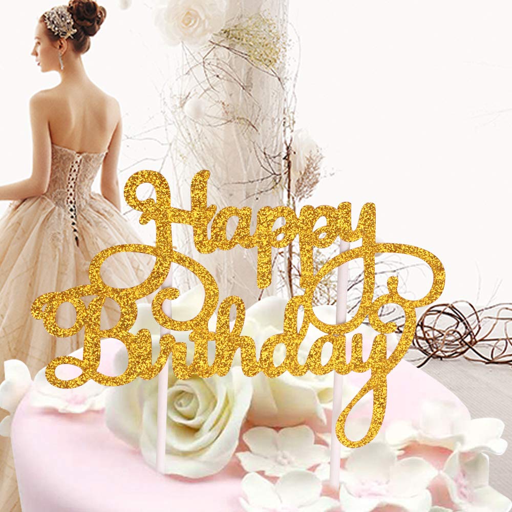 DELIGHTBOX Gold Glitter Happy Birthday Cake Topper - Queen Birthday Party Decoration for Women, Bridal Shower, Anniversary & Special Celebrations