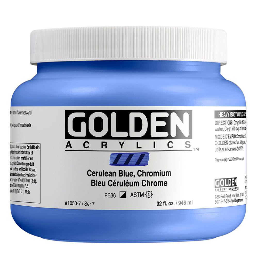 GOLDEN Heavy Body Acrylic Paint - Cerulean Blue Chromium (32 fl. oz Jar) | Professional Grade Semi-Opaque Acrylics for Canvas Painting, Murals & Fine Art