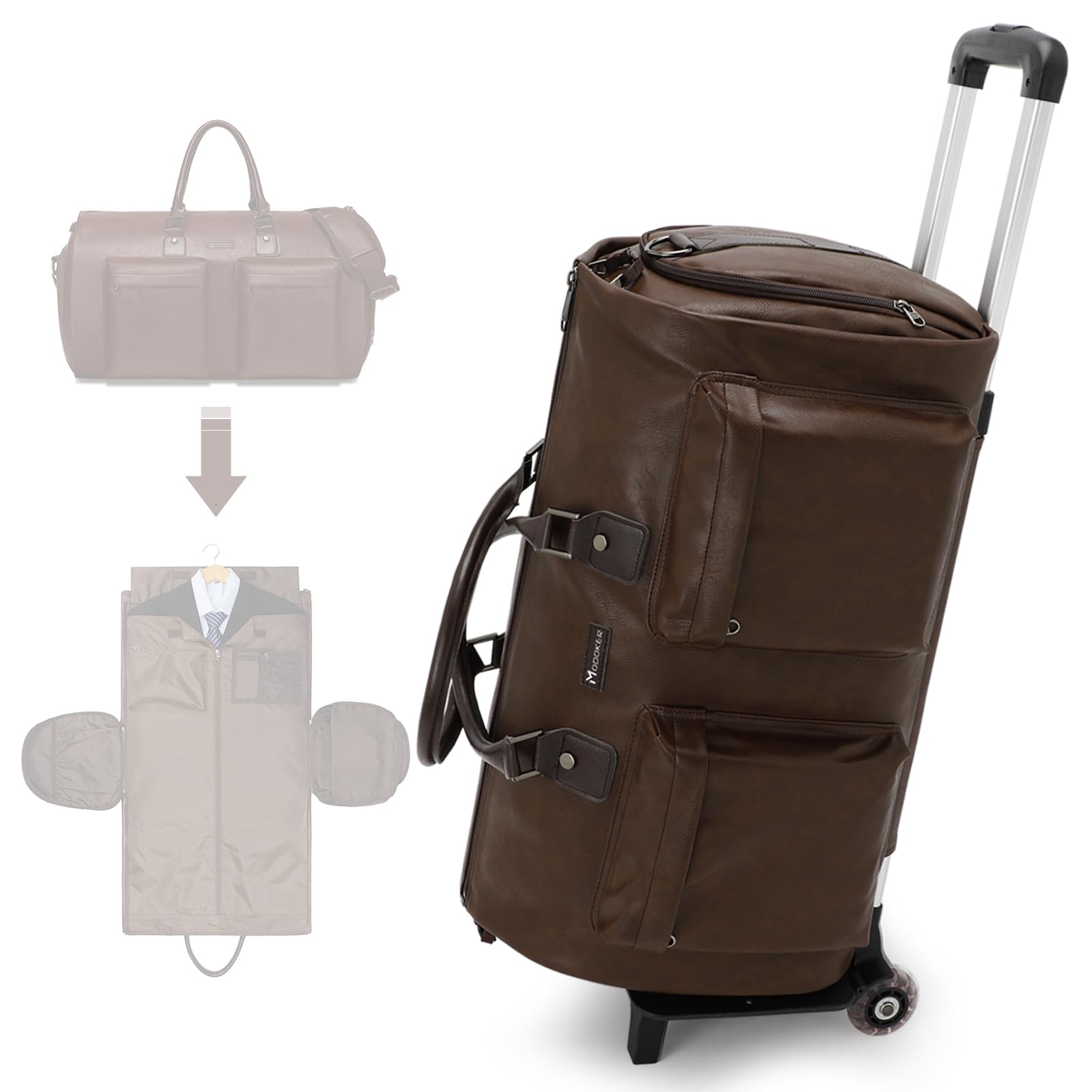 Modoker 3-in-1 Rolling Garment Bag with Wheels - Convertible Carry On Luggage for Travel - Wheeled Duffel Suit Bag for Men & Women (Dark Brown) - Perfect for Business Trips, Vacations & Weekend Getaways