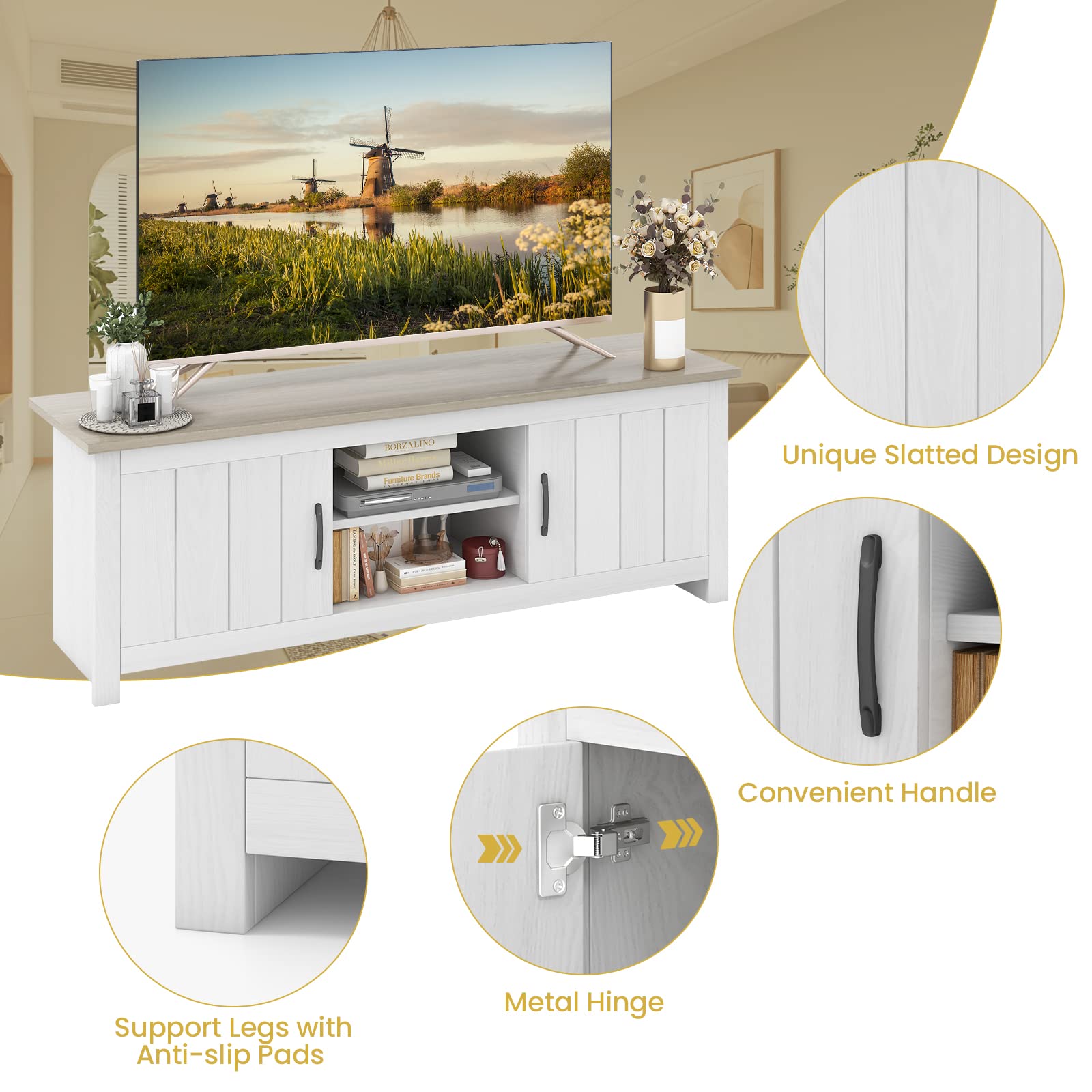 Tangkula 65 Inch TV Stand with 2 Doors & Open Shelves - Wooden Media Console for Living Room, 2 Storage Cabinets & Cable Management Holes - Perfect for Home Theater & Entertainment Systems (White Oak Finish)