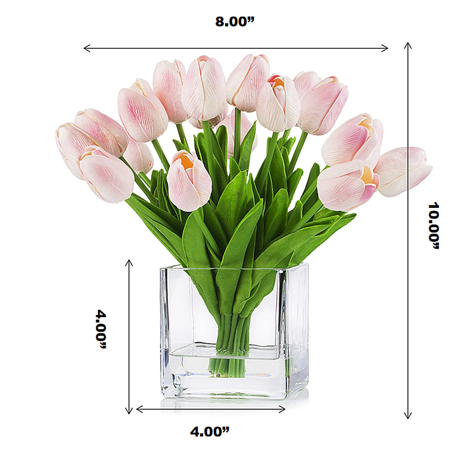 ENOVA HOME 20-Piece Real Touch Artificial Tulip Flowers in Glass Cube Vase with Faux Water - Pink Silk Flower Arrangement for Home, Office, Wedding, Table Centerpiece Decor