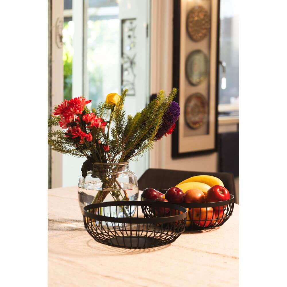 Round Fruit Basket Bowl - Matte Black Wire Fruit Holder for Kitchen Counter, Dining Table & Farmhouse Decor - Perfect for Apples, Oranges & Display