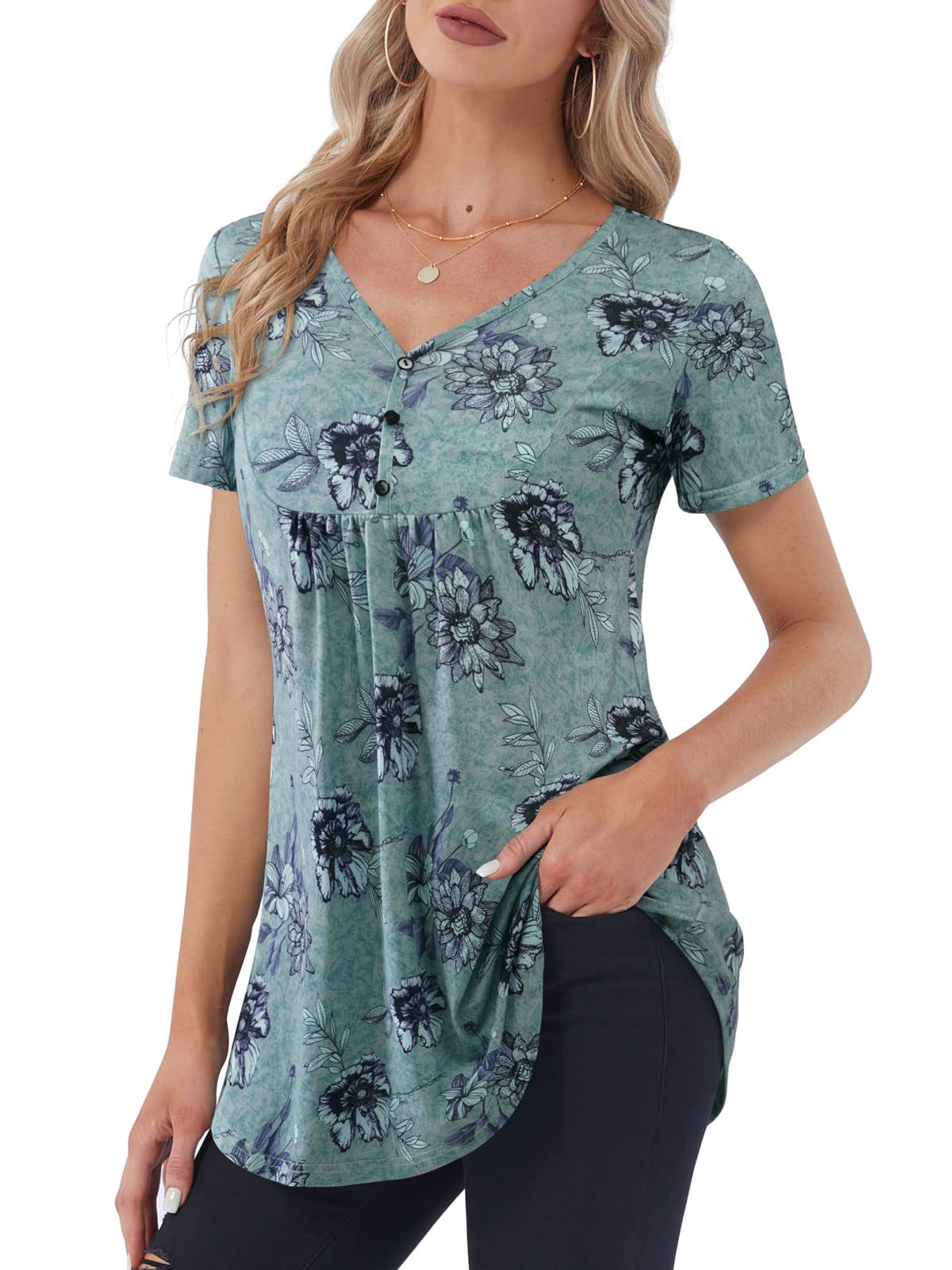 BAISHENGGT Women's Flowy Tunic Tops - Casual Henley V-Neck Short Sleeve Shirts for Leggings | Ruched Blouse for Yoga, Work & Everyday Wear