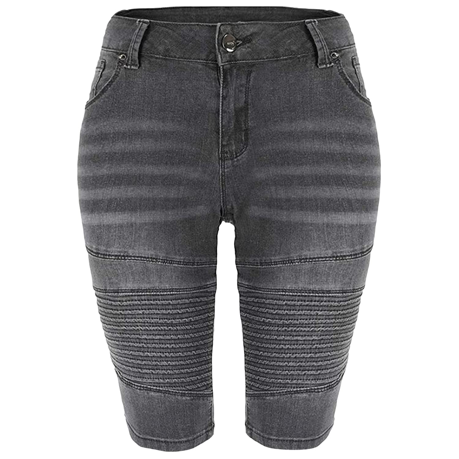 Women's High Waist Stretchy Denim Shorts - Curvy Butt-Lifting Moto Jeans for Summer | Knee-Length Bermuda Shorts with Wrinkle Detail | Small Size in Dark Blue | Perfect for Casual Outings, Beach Trips & Summer Fashion