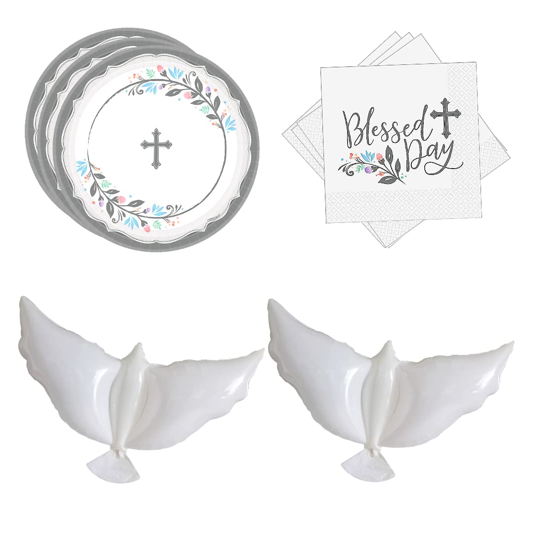 18-Piece Holy Day Religious Party Supplies Set - Disposable Baptism Christening Wedding Confirmation Tableware with Dove Balloon Decorations | Perfect for Church Events, Baby Showers & Christian Celebrations