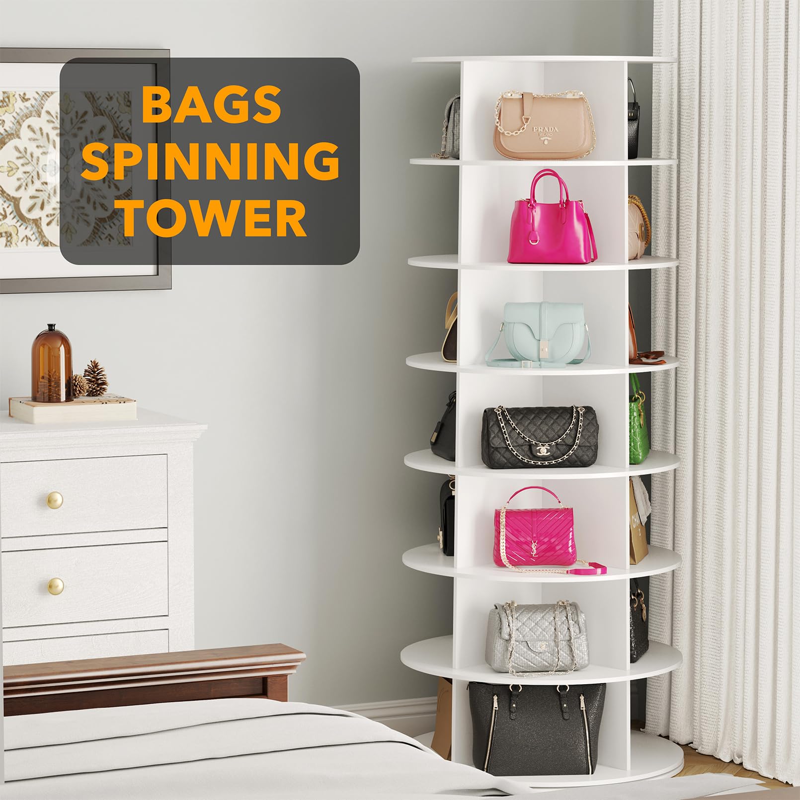 SpaceAid 7-Tier Rotating Shoe Rack Tower - 360° Spinning Shoe Storage Organizer for Closet, Handbags & Accessories | White Lazy Susan Carousel Display | Perfect for Small Spaces, Bedroom & Entryway Organization