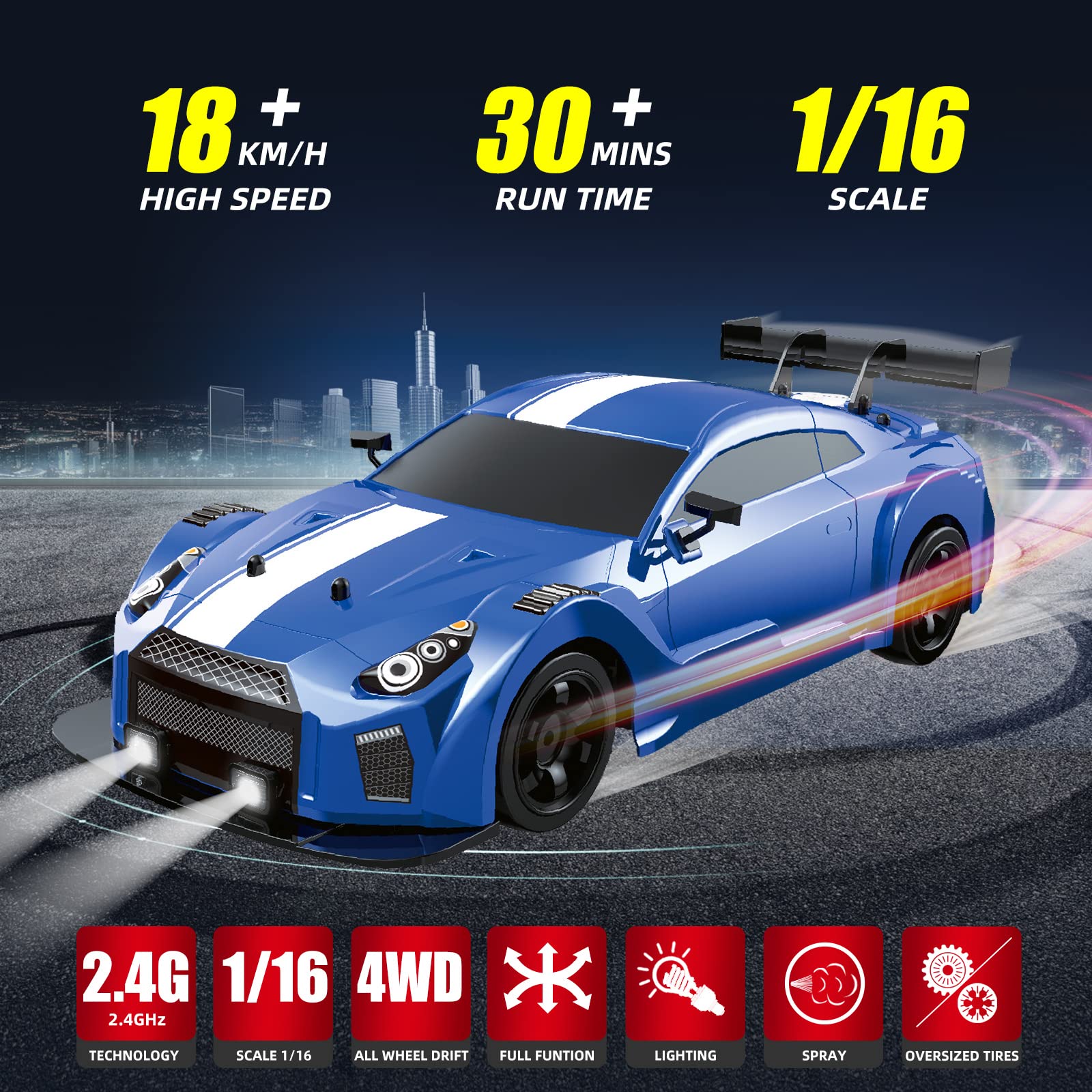 1/16 Scale 2.4GHz 4WD Remote Control Drift Car - 18KM/H High Speed Rechargeable RC Racing Car with LED Lights, Spray Effect, 2 Batteries & Extra Tires - Perfect for Kids Outdoor Play, Backyard Racing, and Drift Competitions