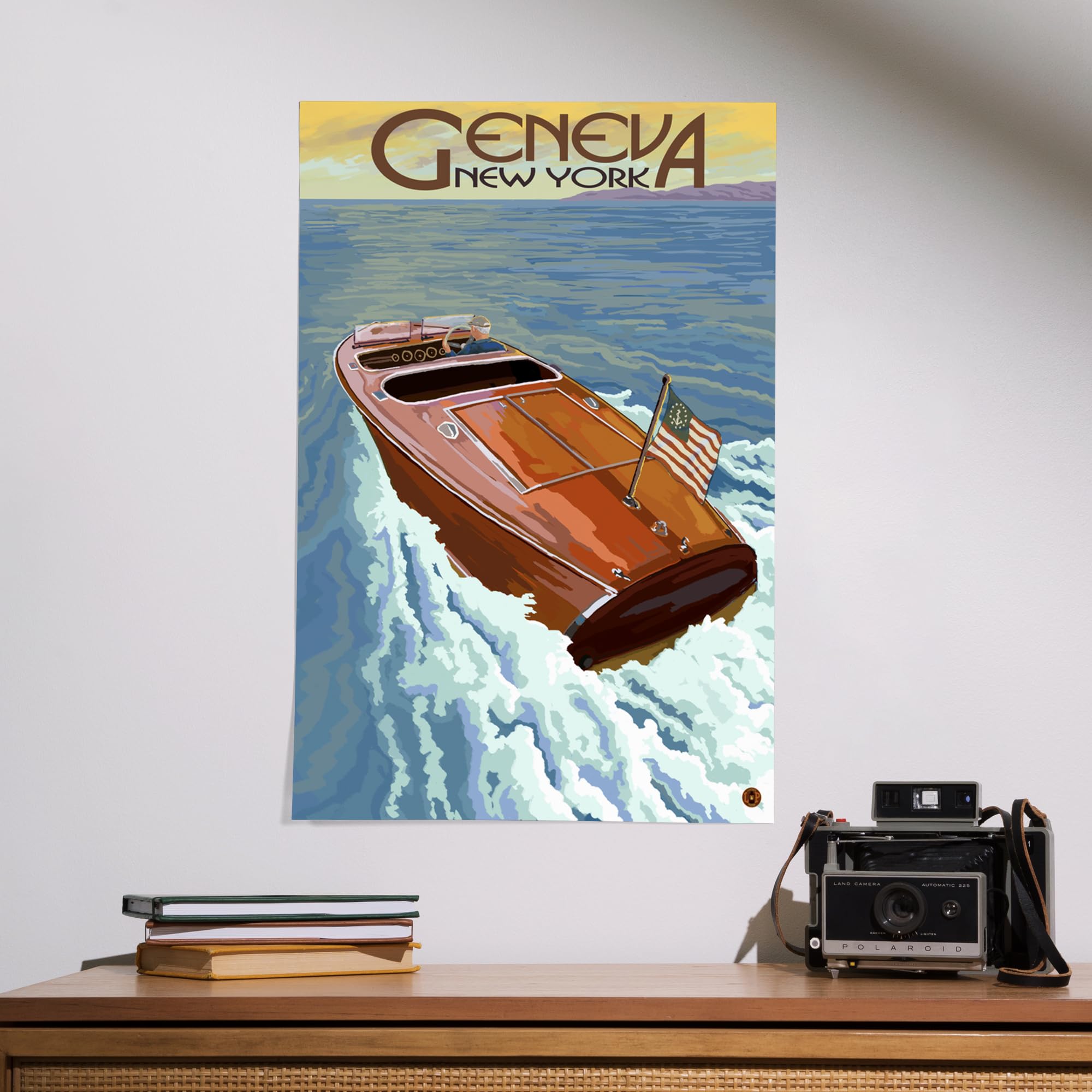 Lantern Press 16x24 Inch Giclee Art Print - Geneva New York Wooden Boat on Lake Landscape Wall Decor - Perfect for Living Room, Bedroom or Office Decoration