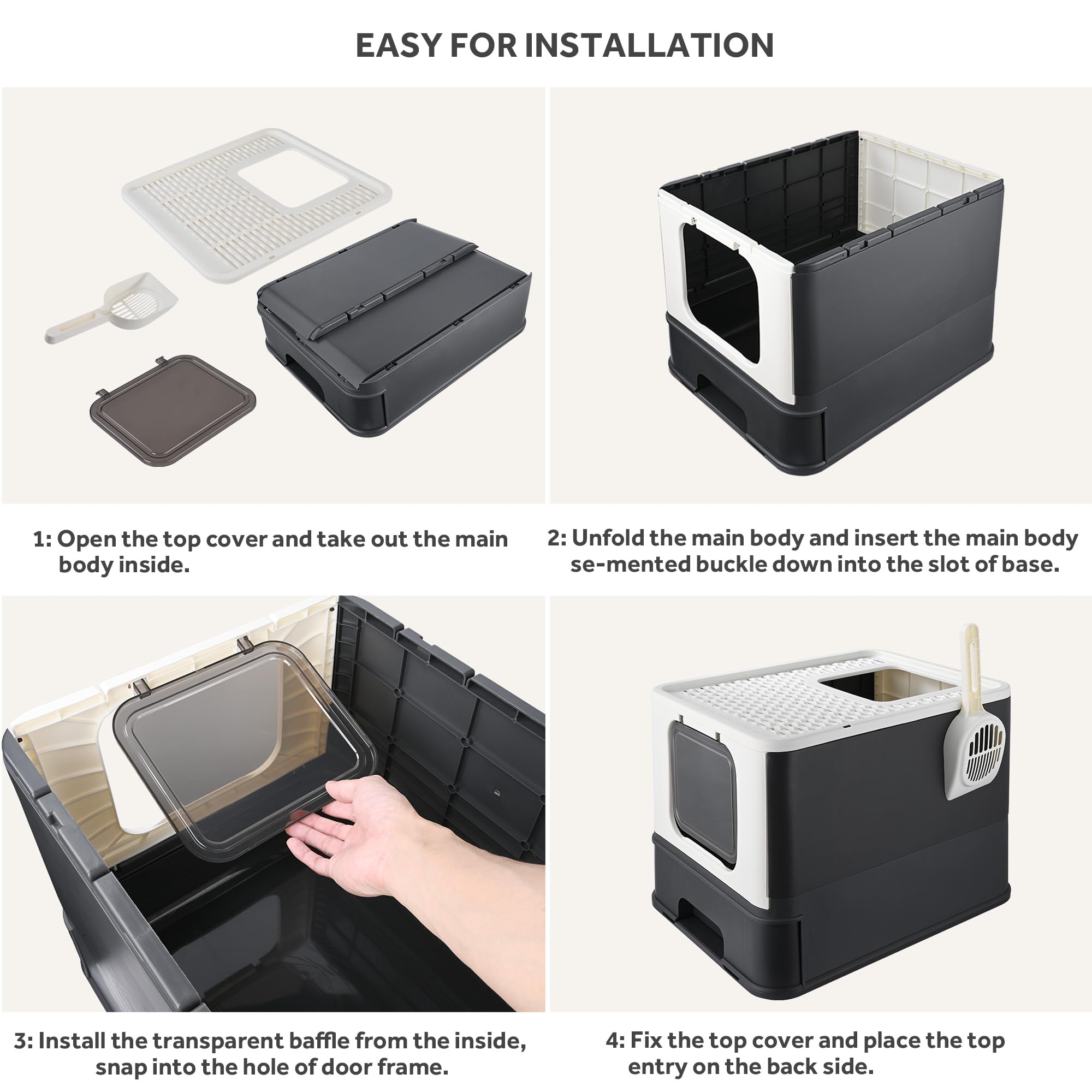 Foldable Cat Litter Box with Lid & Scoop - Extra Large Top Entry Enclosed Kitty Litter Box for Indoor Cats - Black - Perfect for Small Spaces & Multi-Cat Homes - LIVINGbasics